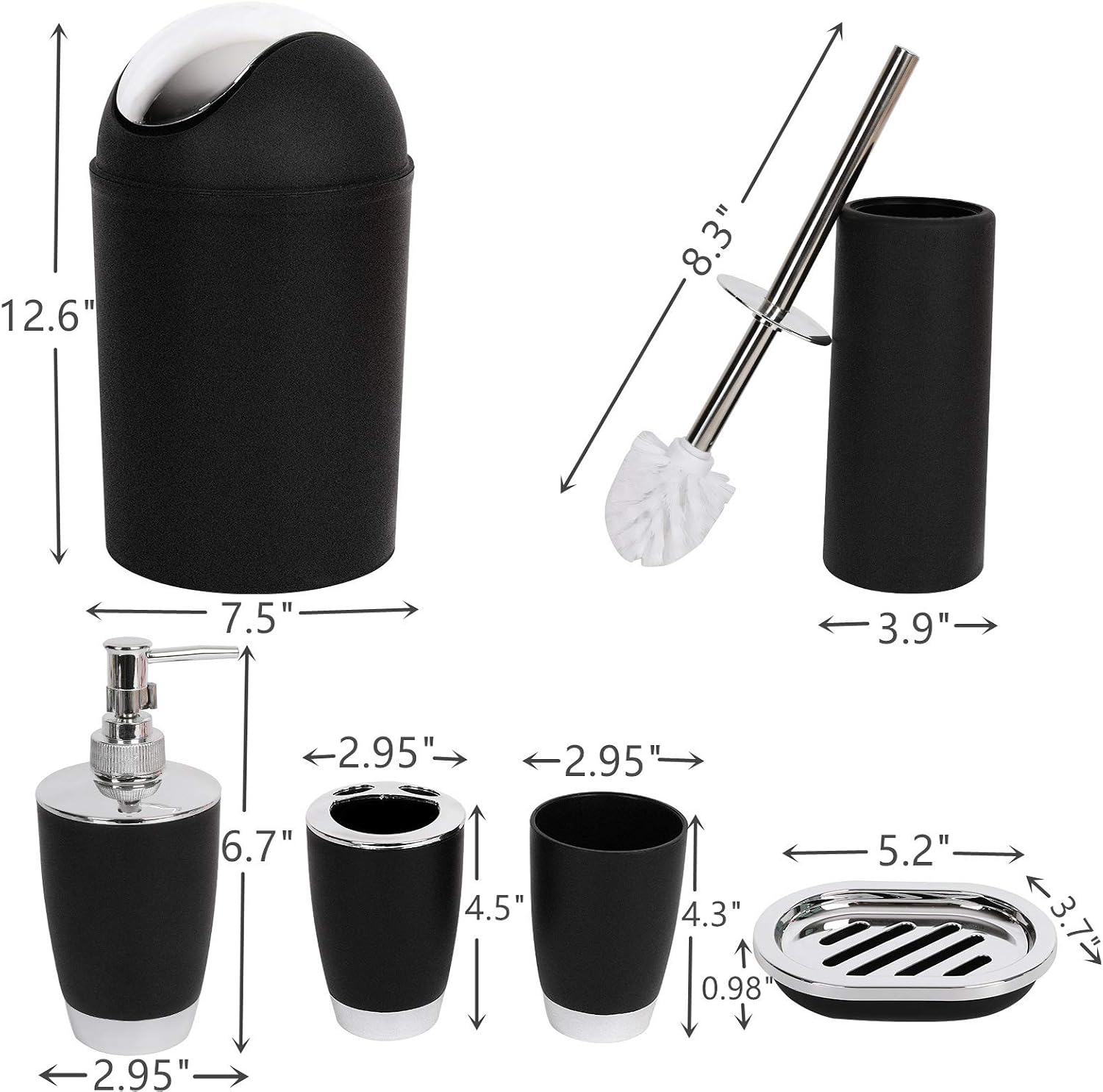 YCOCO Bathroom Accessories Set,6 Pcs Plastic Bathroom Accessories,Toothbrush Holder,Mouthwash Cup,Soap Dispenser,Soap Dish,Toilet Brush,Trash Can,Black