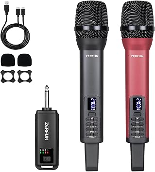 Dual Rechargeable Wireless Microphones, Pro Handheld Cordless Mics System with Echo Treble BASS VOL Control for Karaoke Singing Church Party, 1/4 Output, Grey&Red