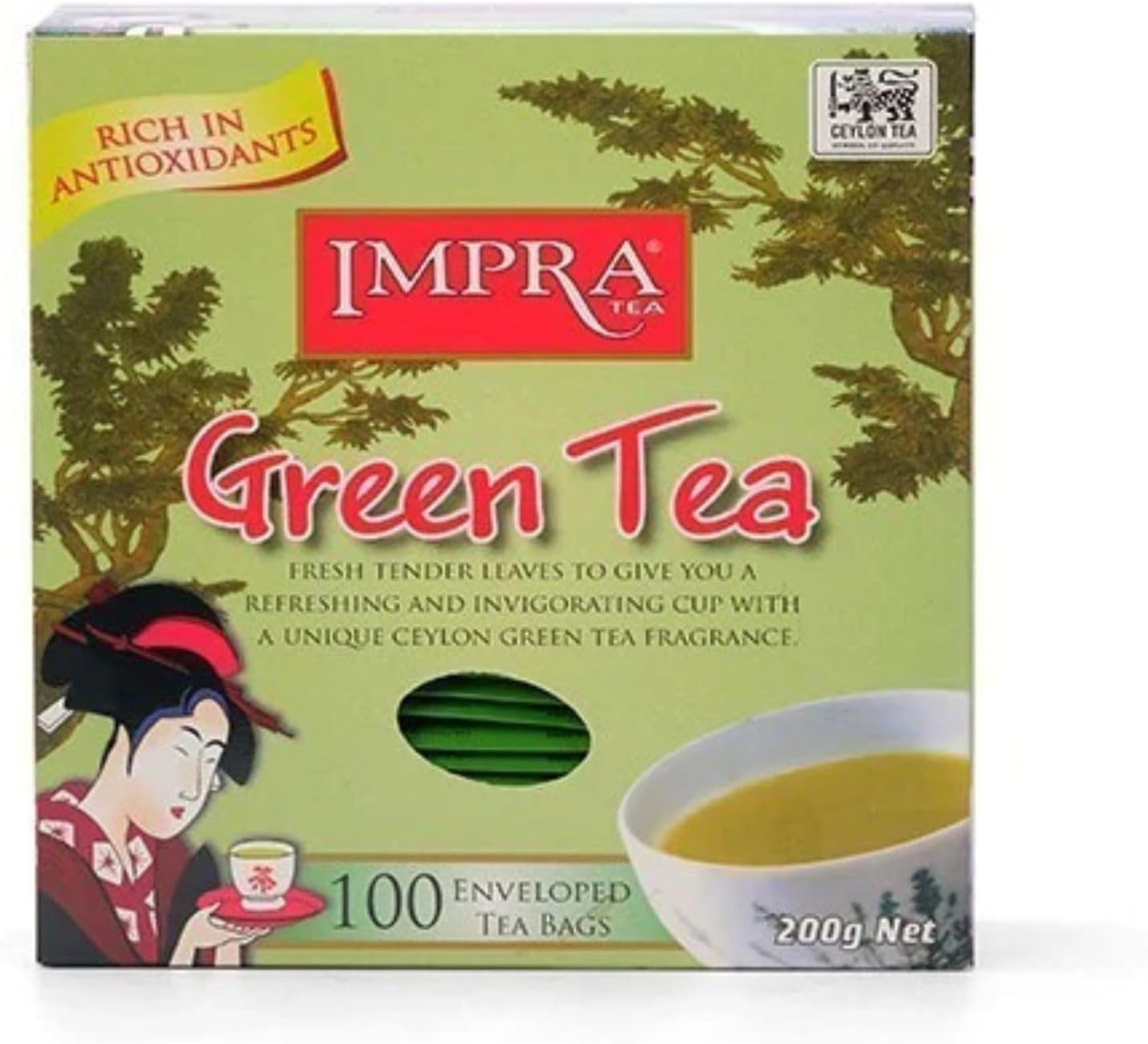 Impra Green Tea – 100 Count Premium Ceylon Tea Bags - Individually Wrapped for Freshness, 7.05 oz (200g)