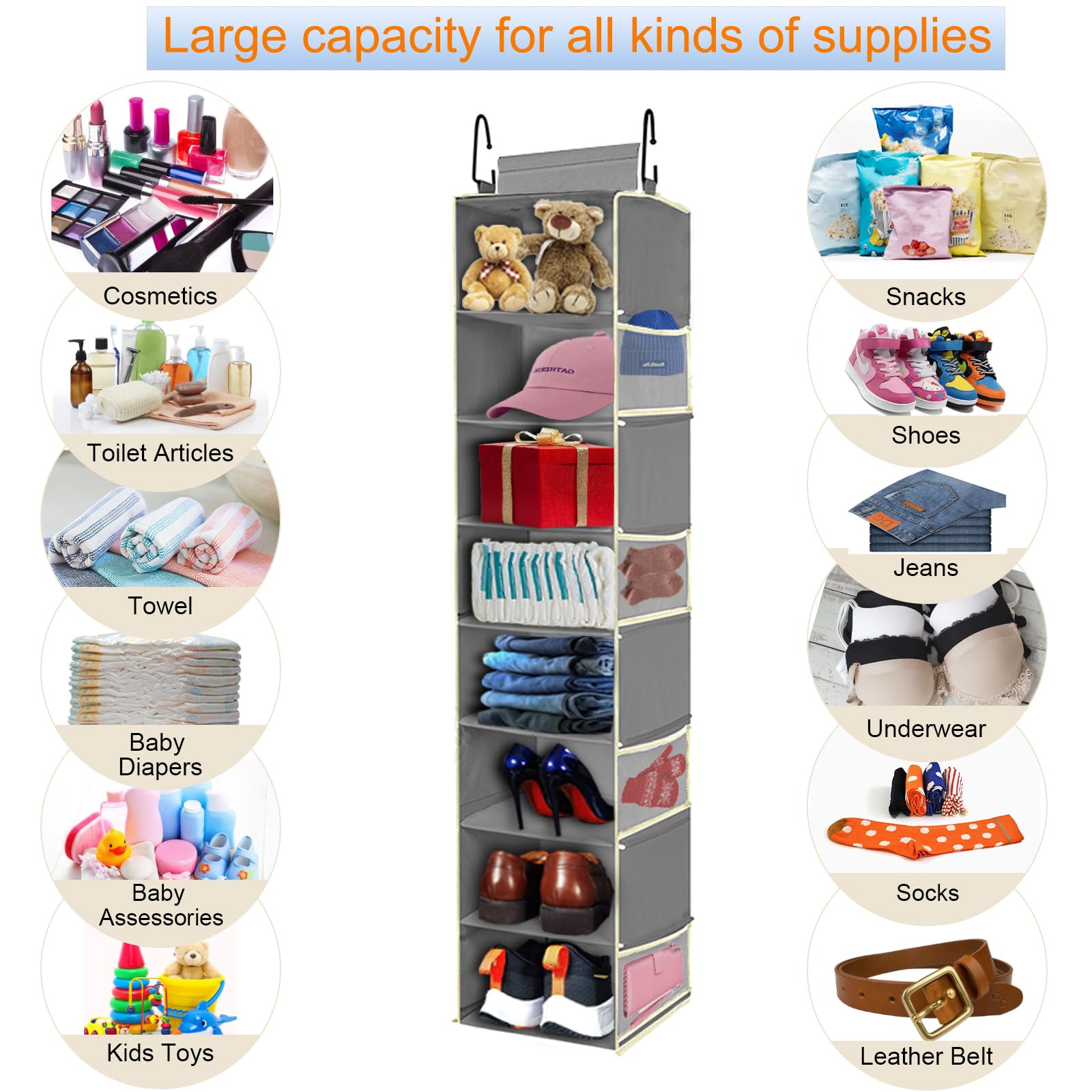 Organizador de zapatos colgante de gran tamaño con 8 estantes, organizador de armario colgante con 8 bolsillos laterales, estantes colgantes más anchos para almacenamiento de zapatos y ropa,