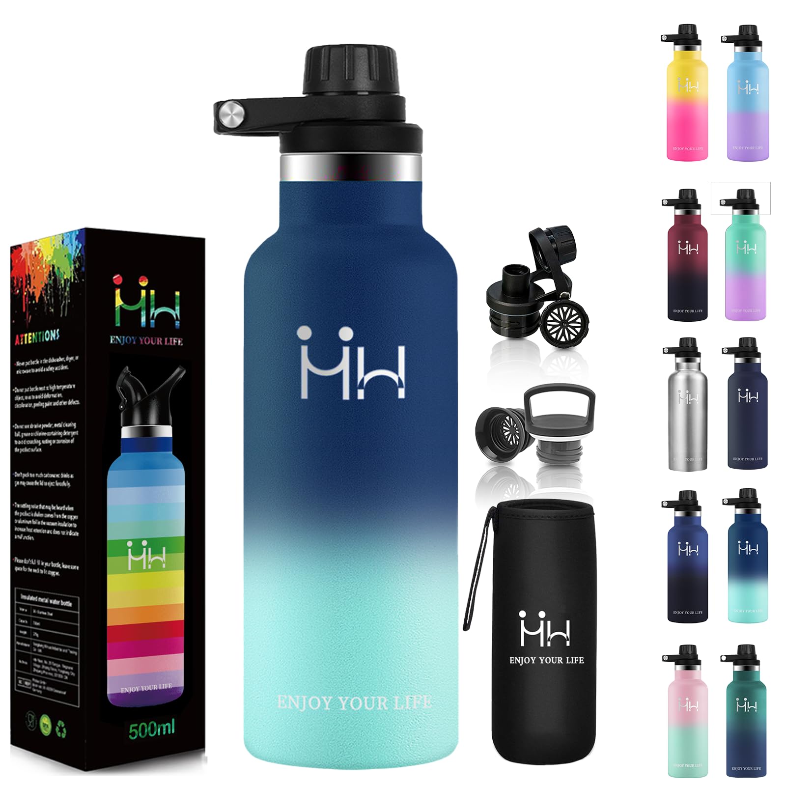 KollyKolla 水筒 500ml 直飲み ステンレスボトル シームレス 大容量 洗いやすい 漏れにくい構造炭酸対応 水筒 おしゃれ 真空断熱で長時間保温・保冷 持ち運びやすい アウトドア 通勤通学に 男の子 女の子 ドリンクボトル