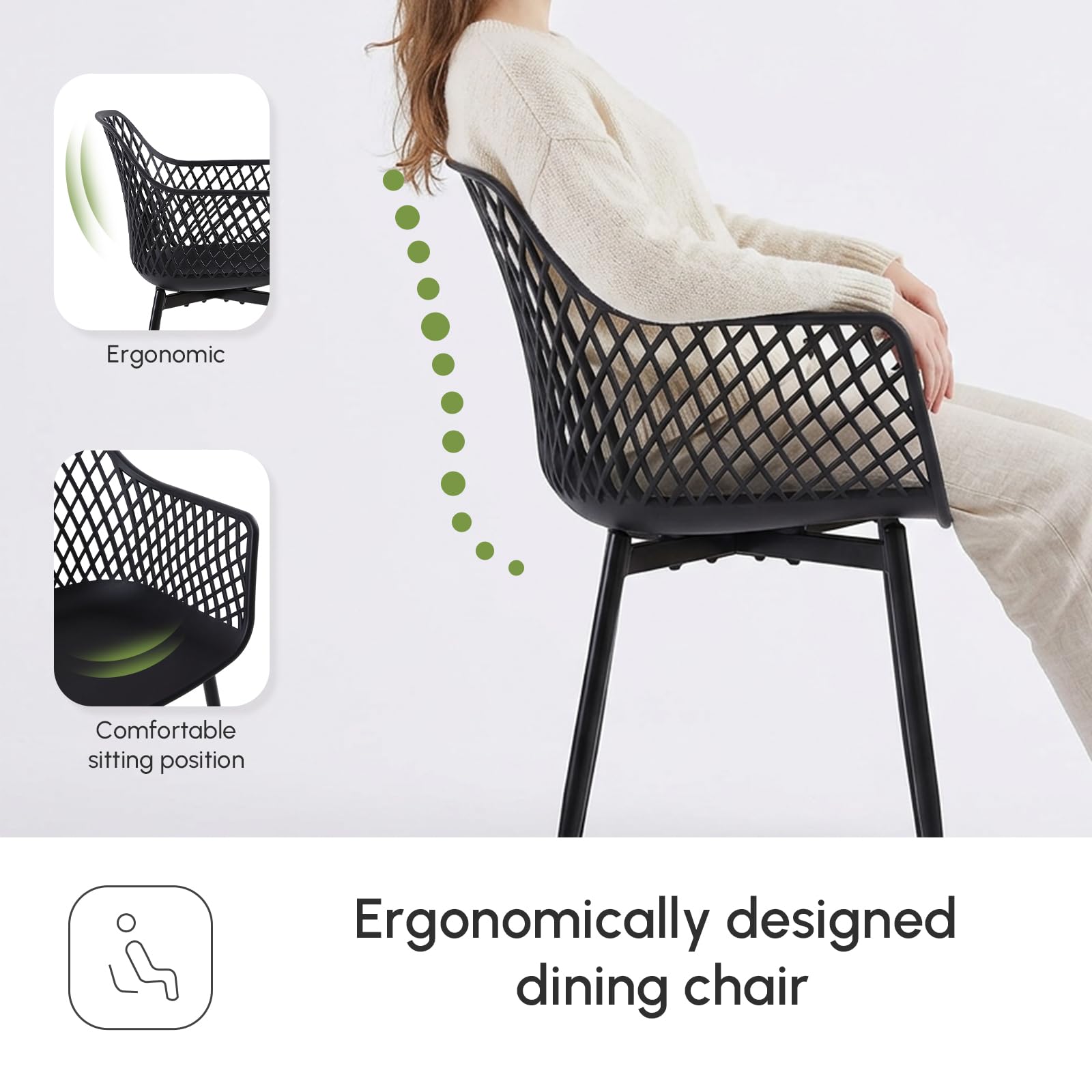 buybyroom Lot de 4 Chaise de Jardin, Chaise Exterieur Terrasse, Siège en PP, Pieds en Métal avec Accoudoirs et Patins Réglables, Charge Maximale 120 KG, Noir