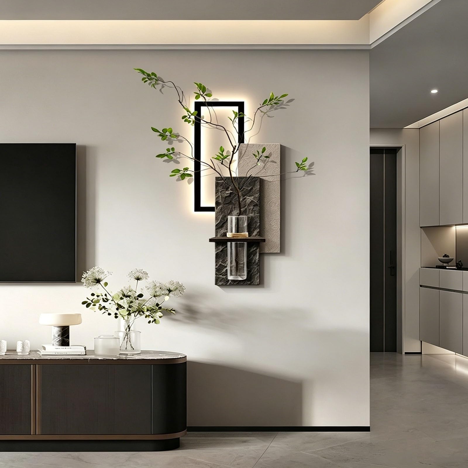 RASJCGRCOA 3D Sandstone Wall Art with LED Light Modern Frameless Textured Wall Sculpture Painting Decorative Layered Mural with Vase for Living Room Entryway Foyer(B,8.3 * 22.8in/21 * 58cm)