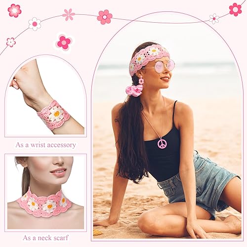 Miniatura 6 de Remuuly 5 piezas de accesorios hippie de los años 60 y 70 para mujer, diadema de punto de flores, trajes retro de los años 70, disfraz hippie