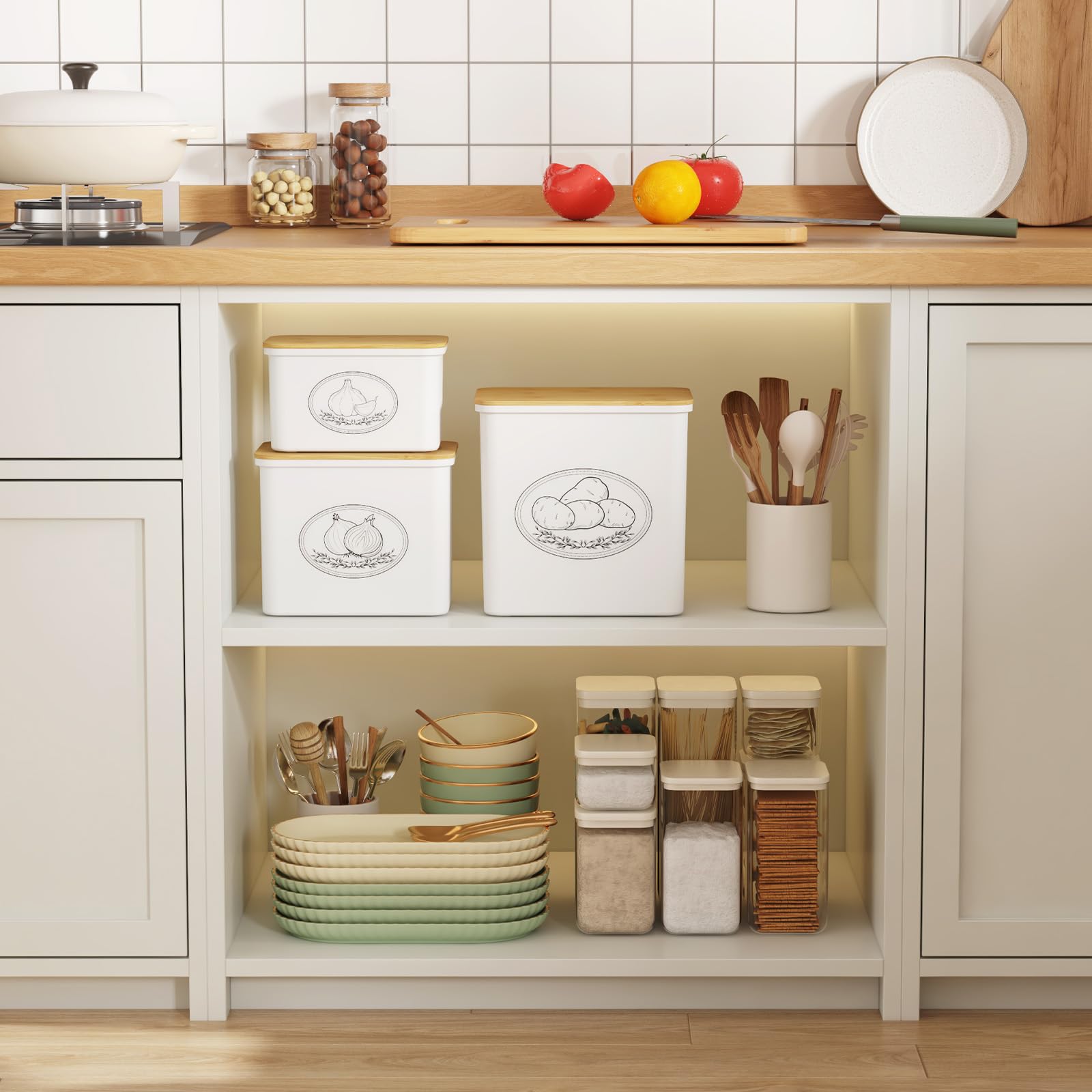 Lifewit Rangement Pomme de Terre, Grande Boite Oignons avec Couvercle et Des Trous de Ventilation, Boîtes de Legumes Rangement Cuisine en Plastique Empilables, 24 cm(H), Blanc, 3 Pièces