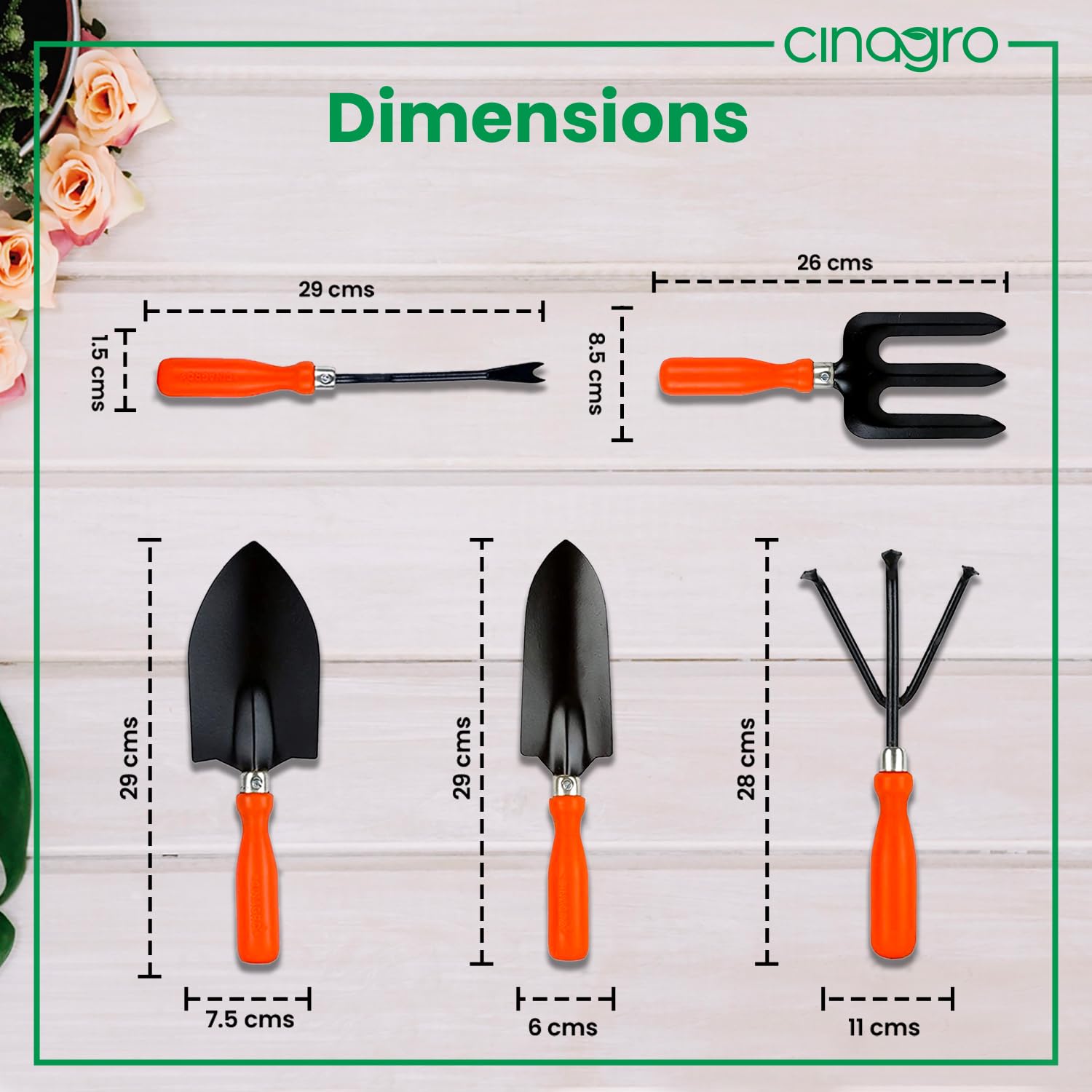 Cinagro Garden Tools Kit (Set of 5) Weeder, Big and Small Trowel, Hand Fork, Cultivator | Gardening Tools Kit For Home Garden, Indoor Outdoor Gardening for Plants & Soil, Plant Tool Kit, Farming Tools - Image 3 thumbnail