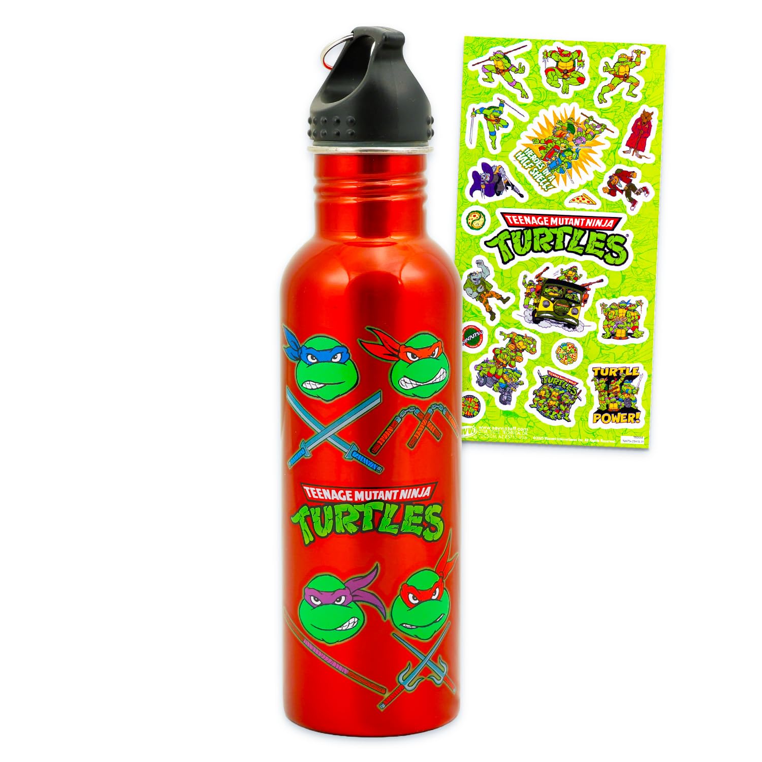 Teenage Mutant Ninja Turtles Stainless Steel Water Bottle - Bundle with 16 Oz TMNT Drinking Cup For Home, School, and Sports, Plus Stickers | TMNT Water Bottle with Carabiner