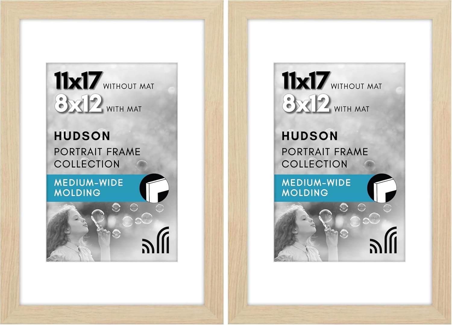 Americanflat 11x17 Picture Frame with Shatter-Resistant Glass - Use as 8x12 Frame with Mat or 11x17 Frame Without Mat - Hudson Collection - Wide Photo Frame for Wall Display - Natural Oak (Pack of 2)