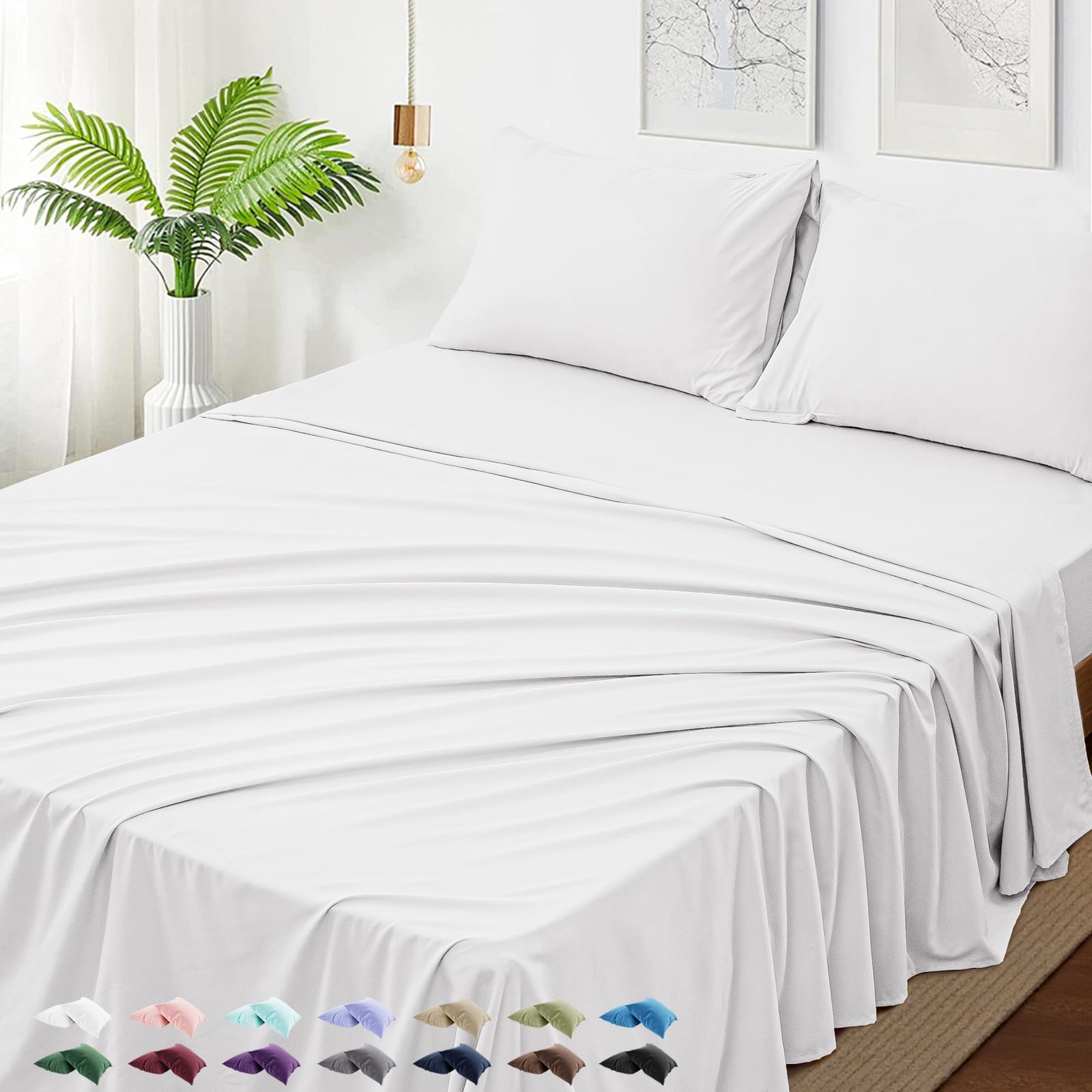 Queen Size 4 Piece Sheet Set - Hotel Luxury Bedding for Queen Size Bed - Soft and Breathable Bed Sheets Set - Deep Pocket Sheets,Wrinkle & Fade Resistant(Queen, White)