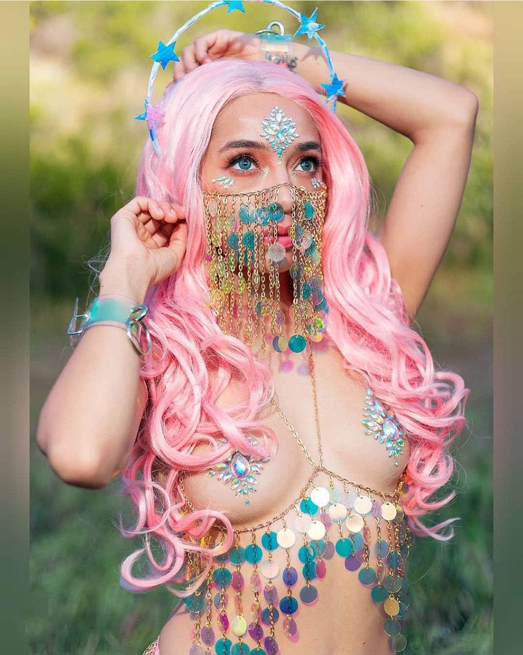 Womens Body Chain Suit Boho Rhinestone Bra Waist Belly Chain with Tassel Indian Dancing Skirt Dress for Party Halloween Costume Beach Bikini