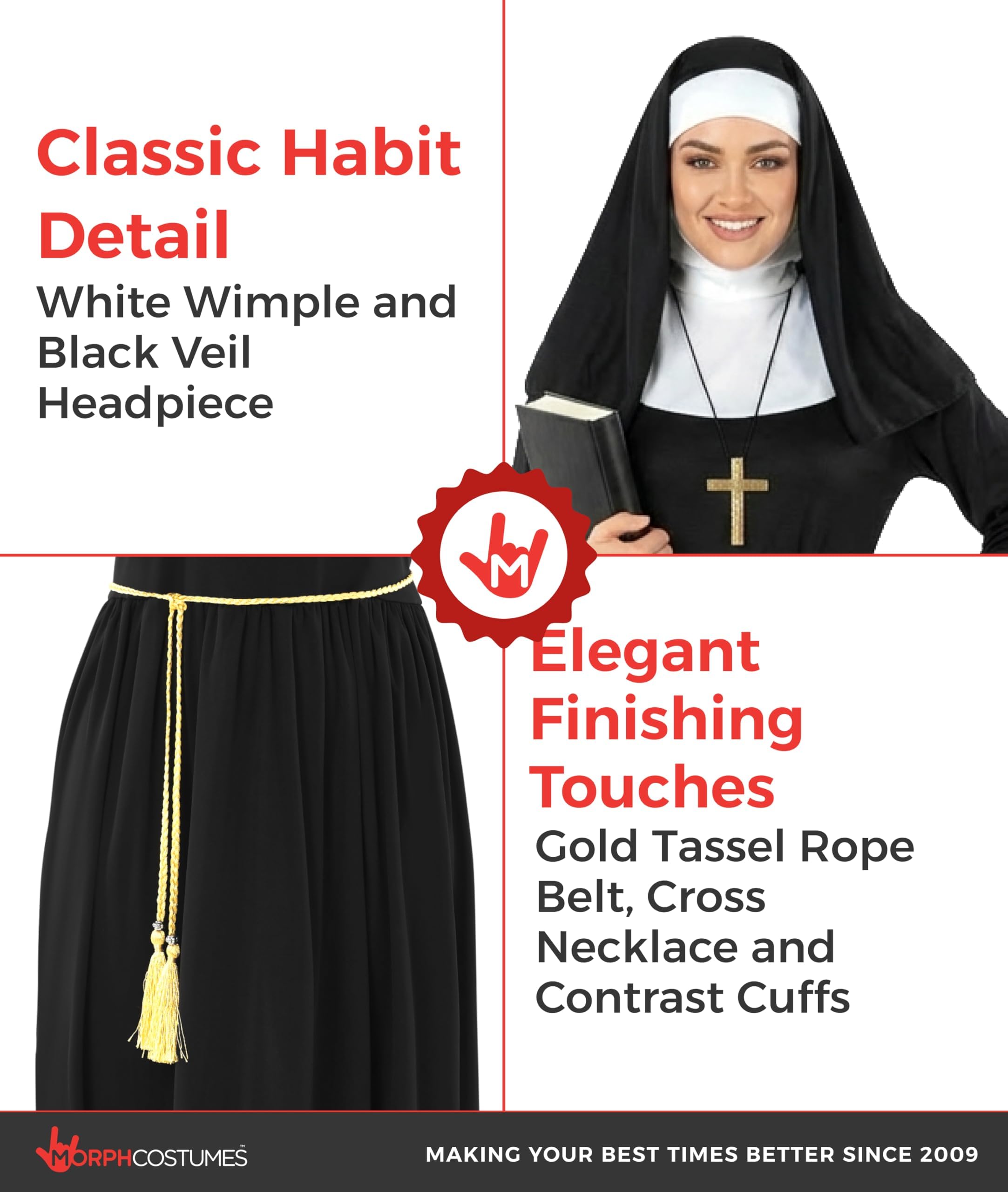 Morph Nonnenkostüm für Damen, Nonnen-Outfit mit Haube, Perfekt für Halloween und Karneval