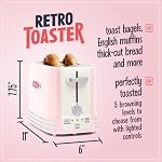 Nostalgia Retro toaster wide 2 slices, vintage design with crumb tray, cord storage and 5 cooking levels, Pink