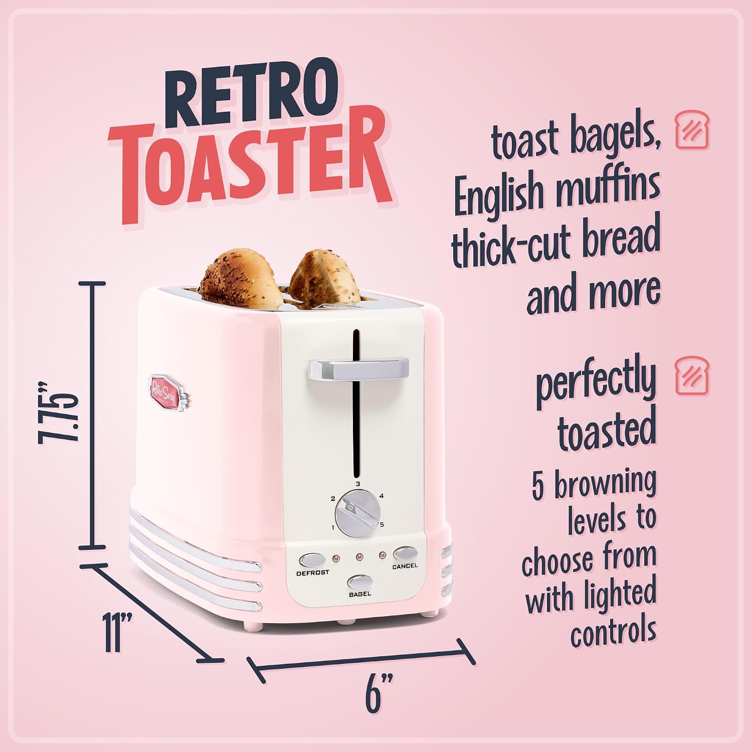 Nostalgia Retro Wide 2-Slice Toaster, Vintage Design With Crumb Tray, Cord Storage & 5 Toasting Levels, Pink, view 2