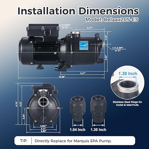 Miniatura 6 de Bomba de masaje SPA 1.5HP para Marquis Spa, 230V o 115V, 78psi, 528.34GPH, certificado Energy Star, bajo ruido - (Modelo Relaax205-ES)
