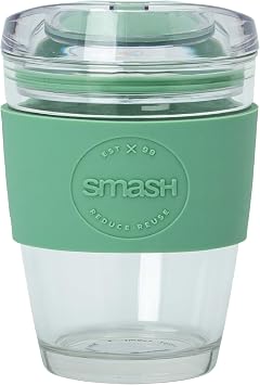Smash Glass Coffee Cup 350ml / 8oz   Sage | Reusable Borosilicate Glass Cup with Protective Silicone Sleeve, Splash-Proof Lid, Barista Friendly
