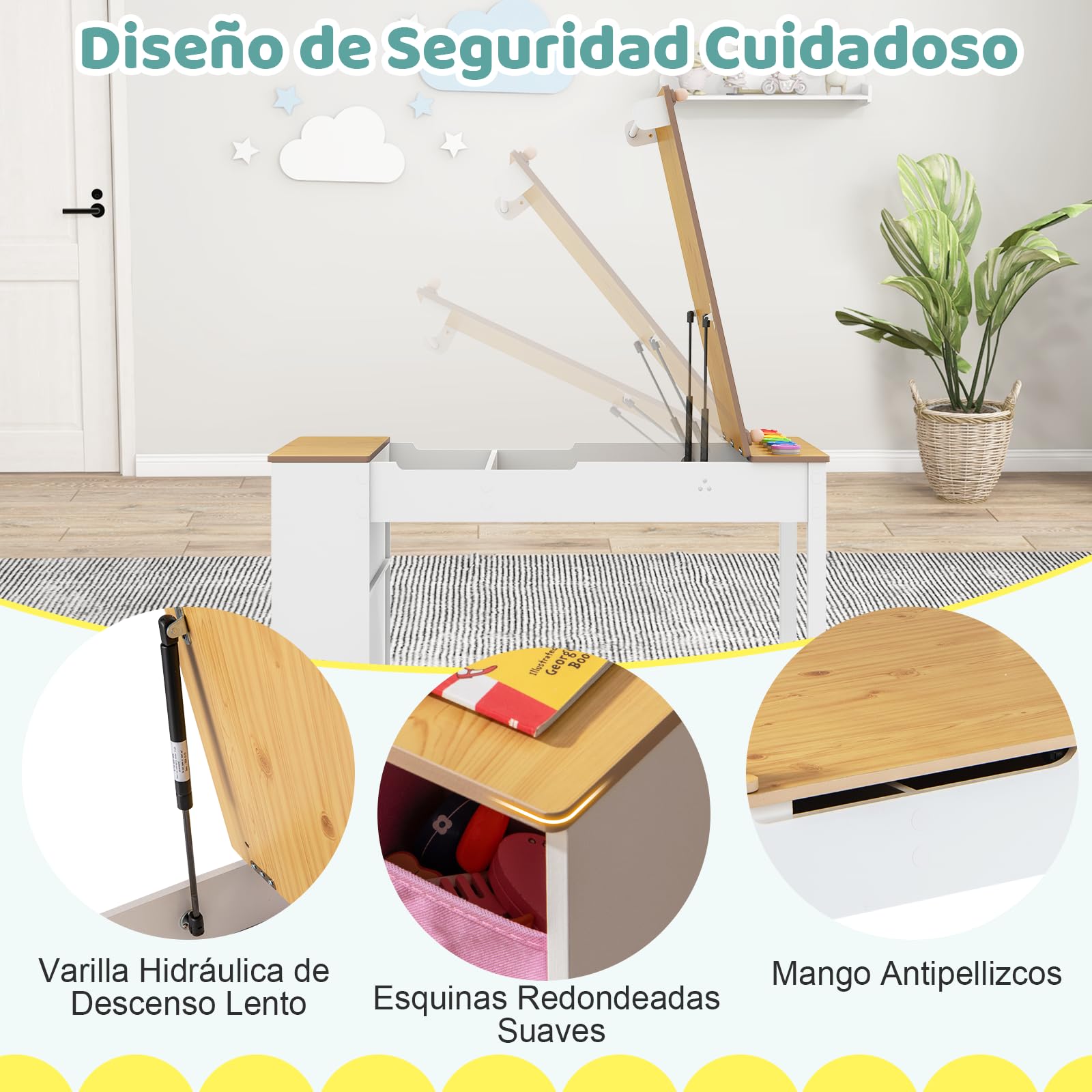 COSTWAY Juego de Mesa y 2 Silla de Arte para Niños, Escritorio de Juegos y Manualidades 2 en 1 para Niños con Mesa Elevable, Rollo de Papel, Vasos de Pintura y 6 Contenedores (Natural)
