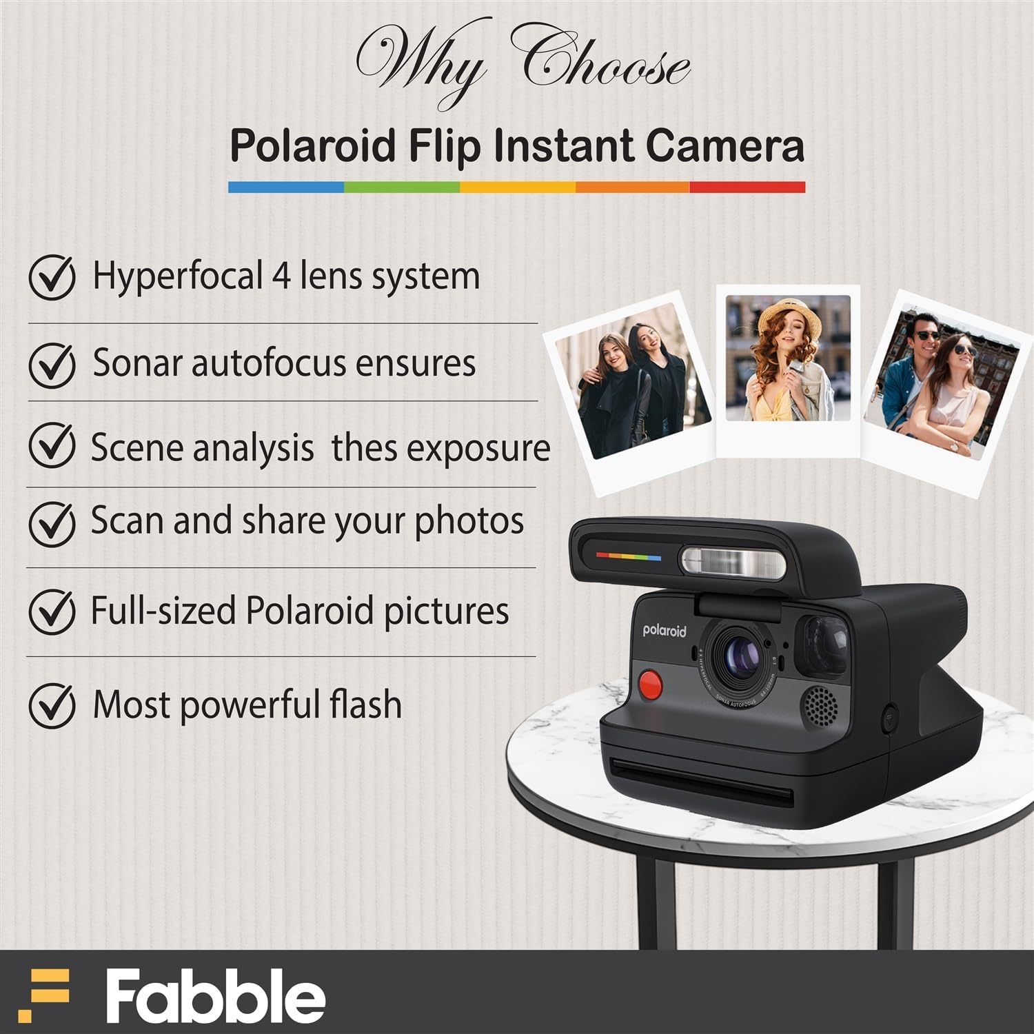Polaroid Flip Instant Camera Black Bundle with Color i-Type Film (8 Photos), Hard Protective Case, 6ft USB Type-C Cable, and Grey Microfiber Cleaning Cloth