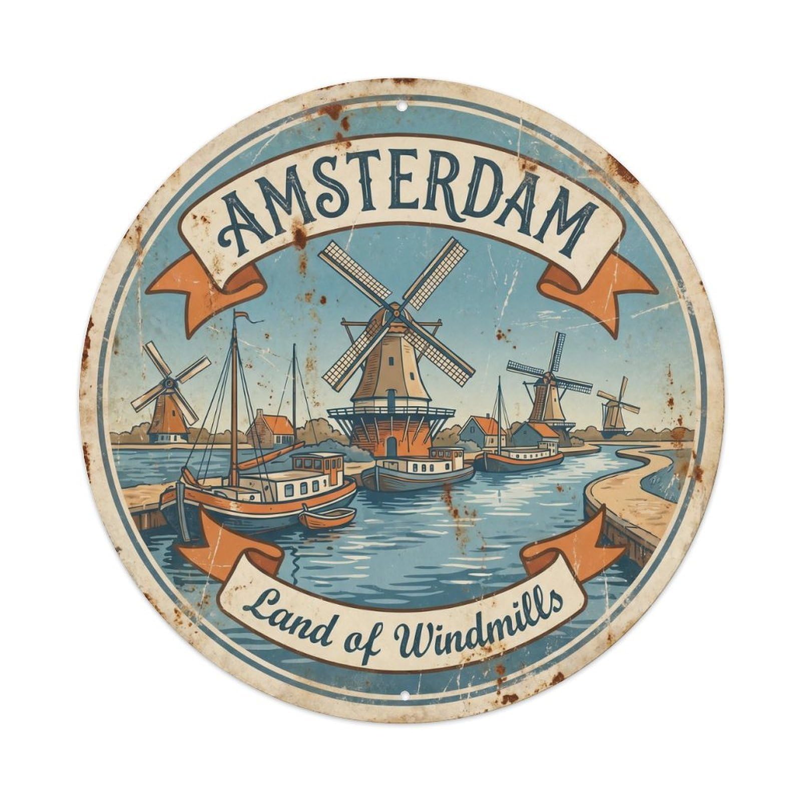 Vintage Travel Amsterdam Windmill Canal Metal Tin Sign Plaque Wall Decor for Cafe, Club Bar, Office, Home Garden Round Metal Poster 8x8Inch