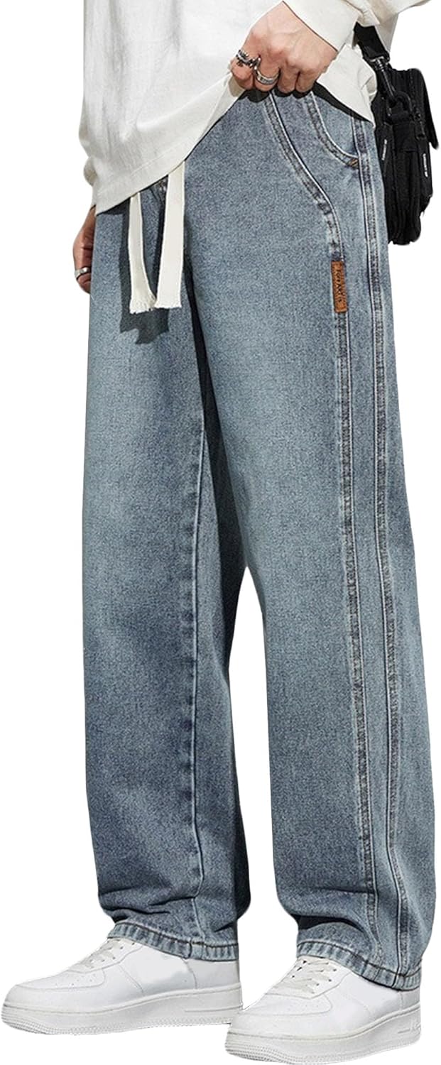 Men Wide Leg Baggy Straight Jeans Loose Fit Skater Hip Hop Denim Pants Outdoor Casual High Street Trousers