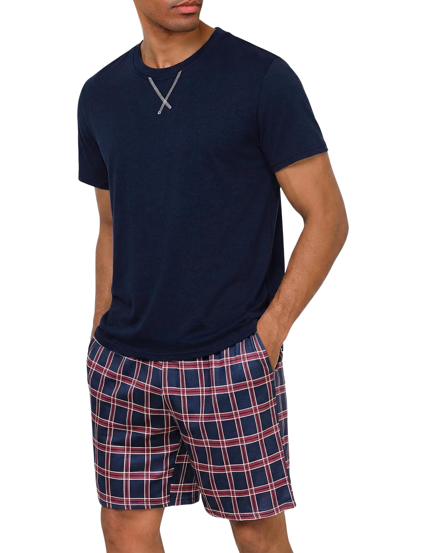 Demegimi Schlafanzug Herren Kurz Pyjama Set Baumwolle Sommer Shorty Nachtwäsche Kariert Pyjamaset Männer
