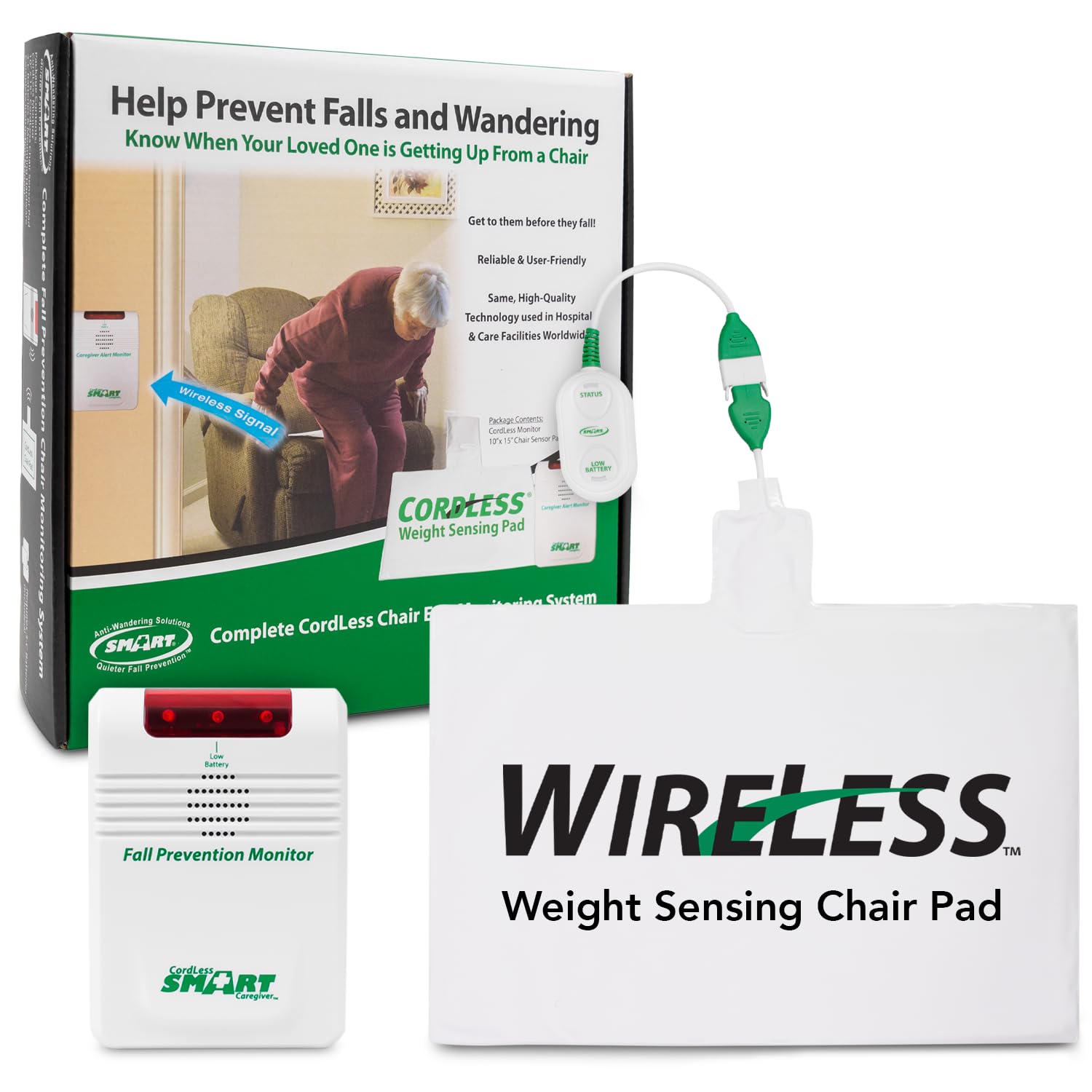 Smart Caregiver Wireless Chair Exit Alarm with Weight Sensing Pad - Automatically alerts caregiver when they get up to prevent falls | 10"x15" Pressure Sensor and Cordless Chair Alarm up to 300' Range