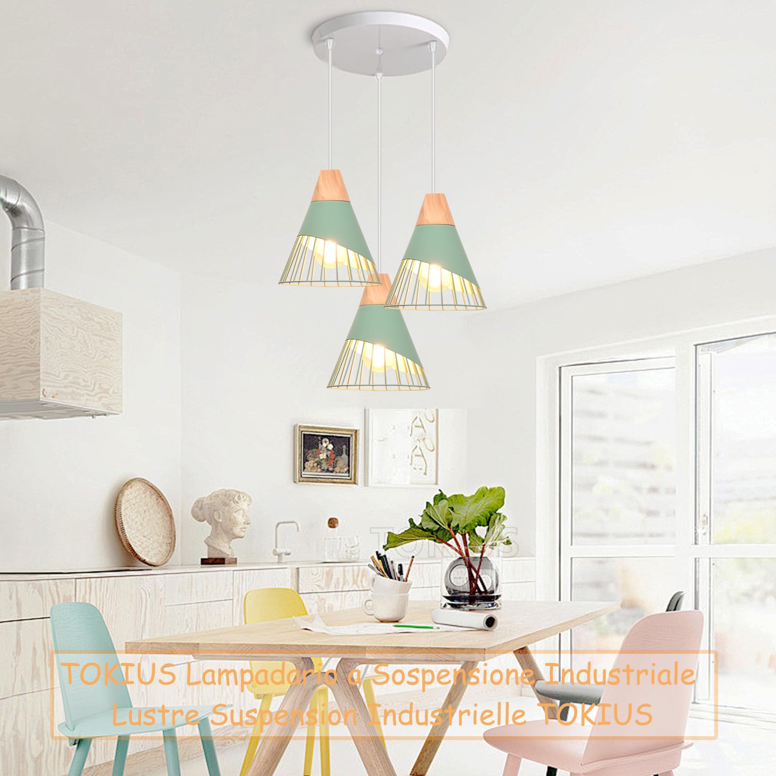Lampada a sospensione Design E27 Industriale Lampada da soffitto Moderna Legno e Metallo Lampadari e Plafoniere Interni Ø25cm Per Cucina Camera da letto Sala Da Pranzo (Verde - 3 luci - base)