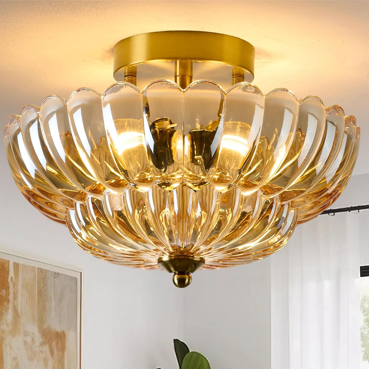 Semi Flush Mount Ceiling Light, 12 Inch Vintage Gold Fixture with Amber Glass Shade, 3-Light Close to Ceiling Lighting for Hallway, Entryway, Bedroom, Bathroom，Kitchen, Mid Century Modern