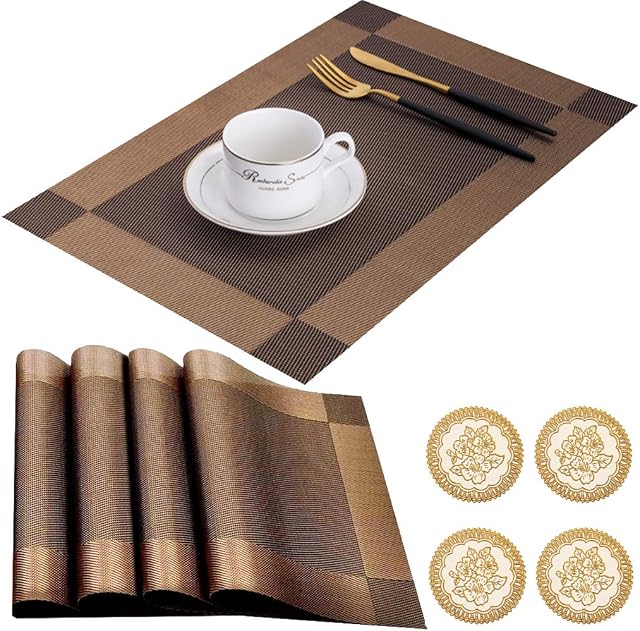 Rectangular Place Mats and Round Coaster, 1 Set of 8 Pieces, PVC Woven Vinyl Kitchen Restaurant Dining Room Design Vintage Wedding Plastic Fabric Washable Runner (Brown)