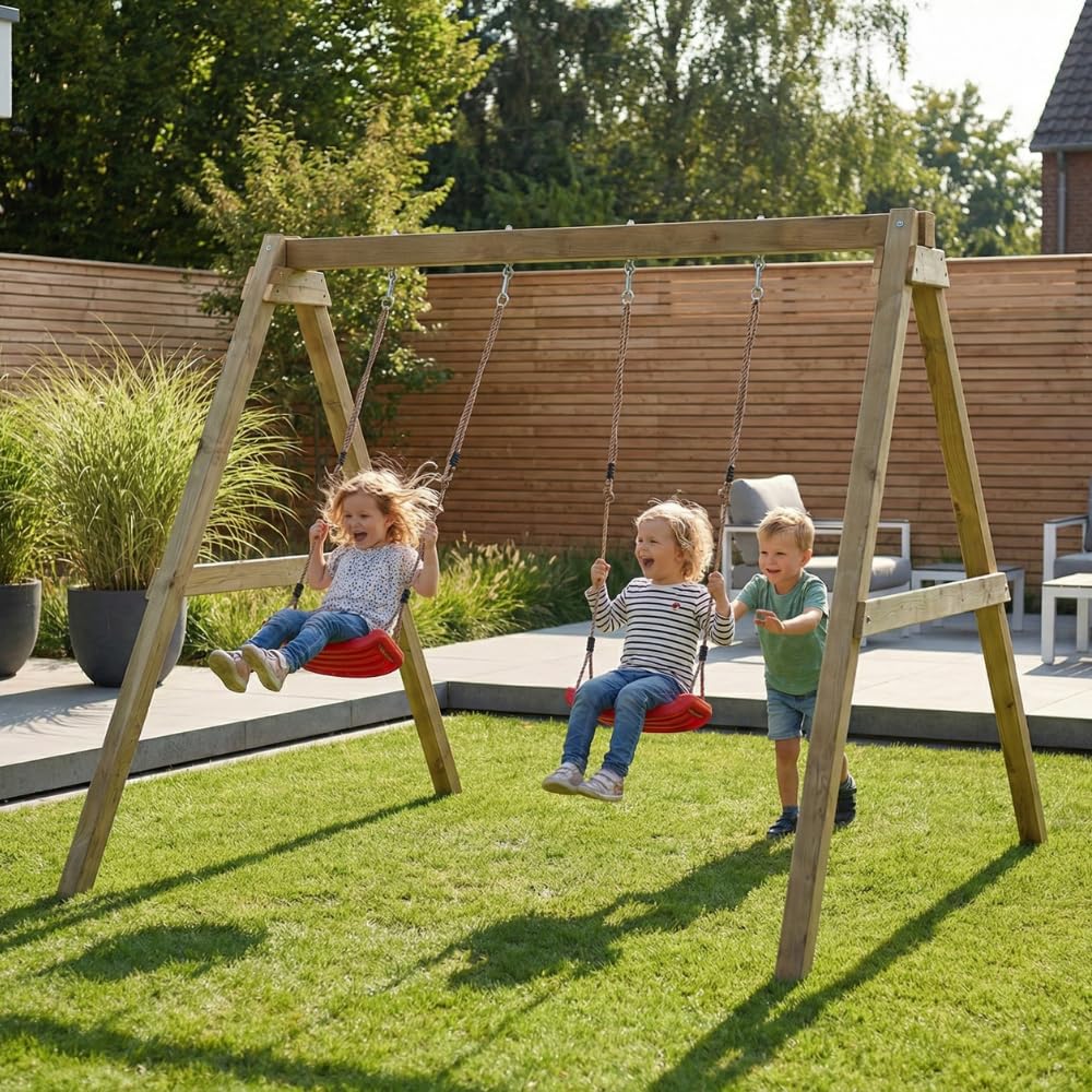 Altalena in Legno Maxplay Swing con Doppia Seduta da Giardino – Altalena Bambini da Esterno, Struttura in Legno Impregnato in Autoclave, Resistente per Uso Privato, Giochi da Giardino 3-10 Anni