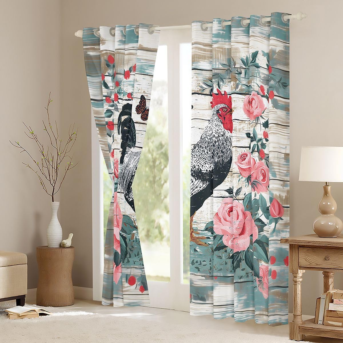 Castle Fairy Grey Chicken Window Curtains Rose Floral Retro Plank Window Drapes,Animals Window Treatments,Watercolor Kids Boys Girls Room Decor, Grommet Top 2 Panel Set Bedroom Curtains, 38Wx54L inch