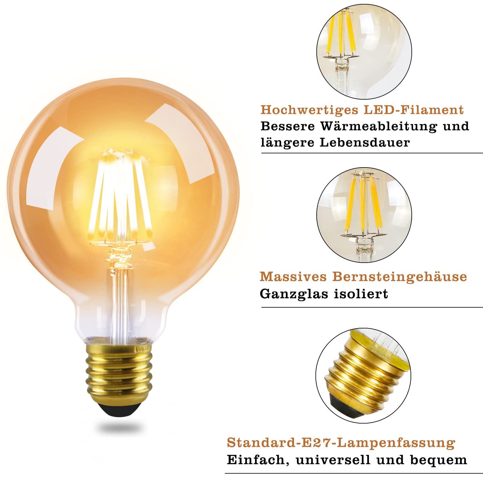 GBLY 6 pezzi LED E27 lampada vintage - G95 Edison lampadina 2700K 4W bianco caldo lampada a incandescenza filamento di vetro retrò lampada antica lampada a risparmio energetico per hotel