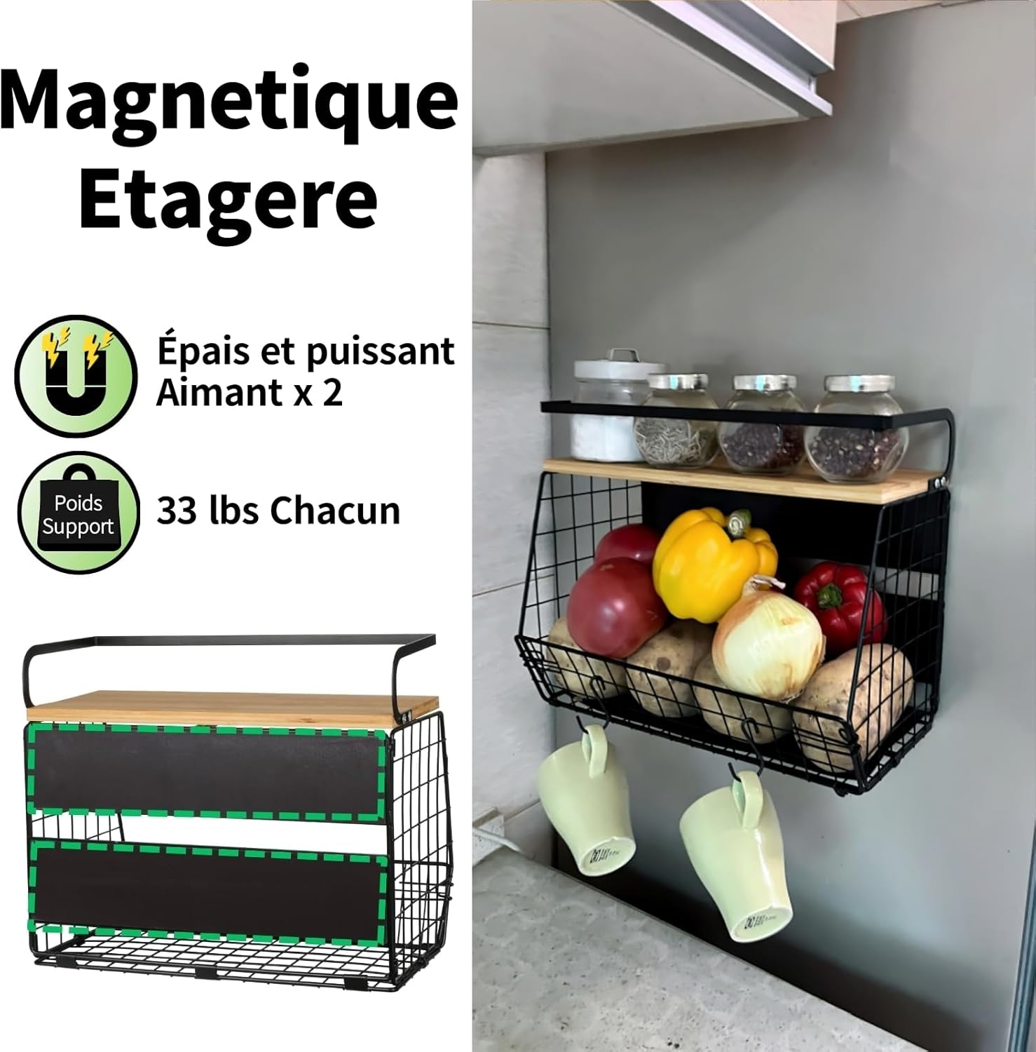 Corbeille à épices magnétique 2-en-1 - Grand rangement inoxydable avec 16kg de capacité, design moderne - Description