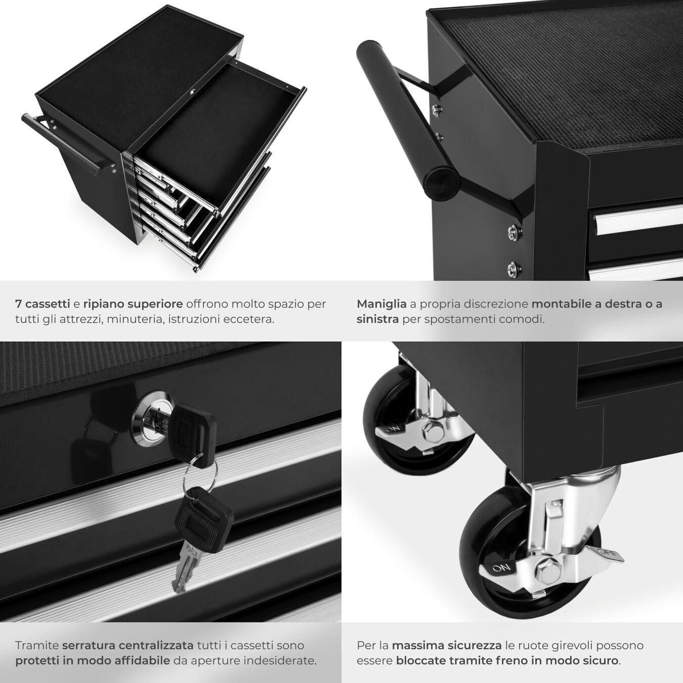 tectake® Carrello Portautensili, Carrello, Porta Attrezzi Officina con Ruote, 7 Cassetti, Carrello Porta Attrezzi, Attrezzatura Officina, Attrezzi da Lavoro - Nero