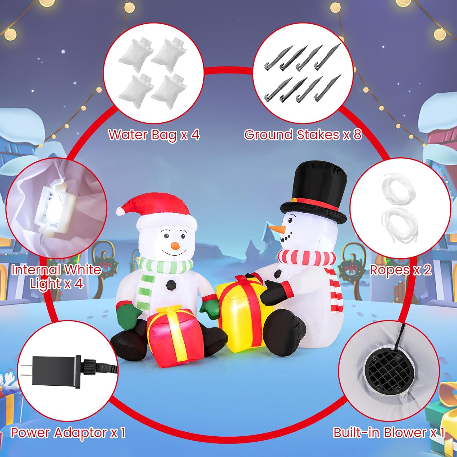 Goplus 5FT Christmas Inflatables, LED Lighted Xmas Double Inflatable Snowmen Holding Gift Boxes, Outdoor Indoor Cute Blow Up Christmas Decoration with Water Bags, Ground Stakes, for Party Yard Lawn