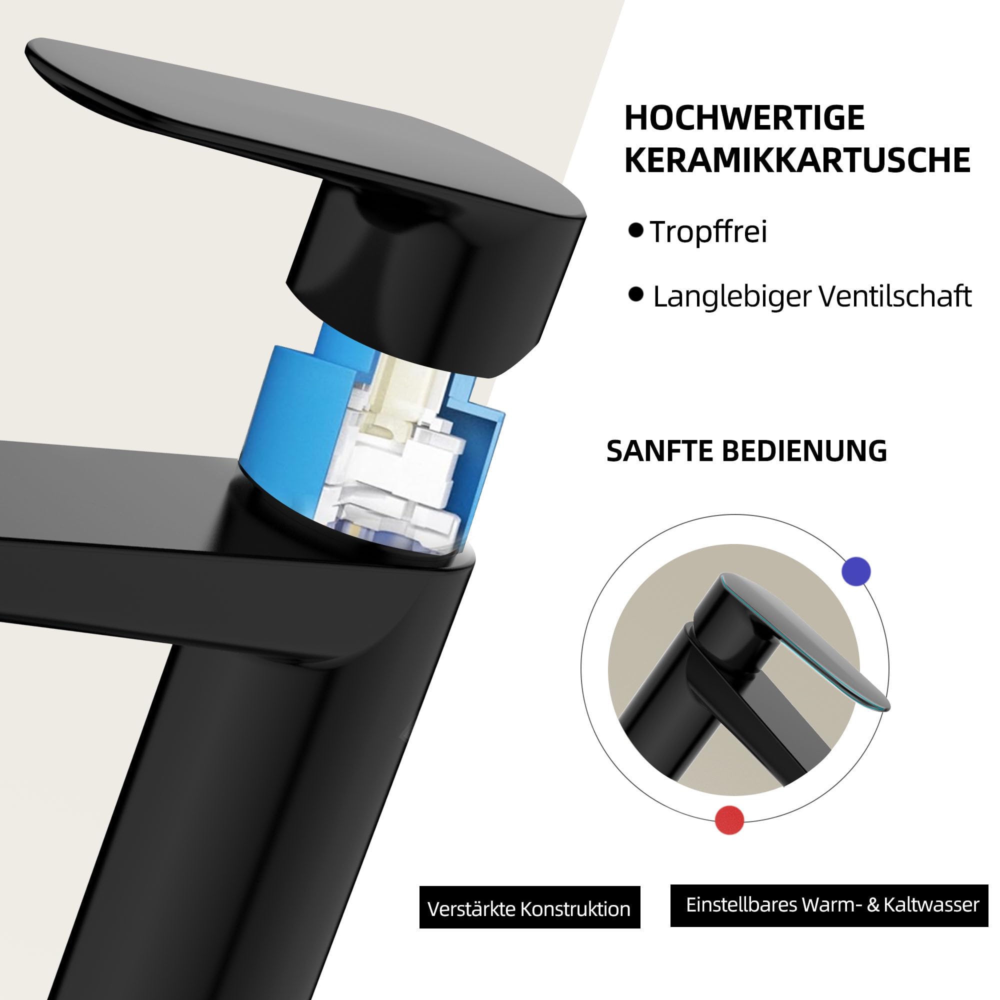 BELZ Schwarz Wasserhahn Bad,Einhebel Waschtischarmatur 85mm | Einfache G3/8 Einlochmontage,Inklusive flexibler Schläuche.Leise,Messing,Rostfrei, pflegeleicht & dicht
