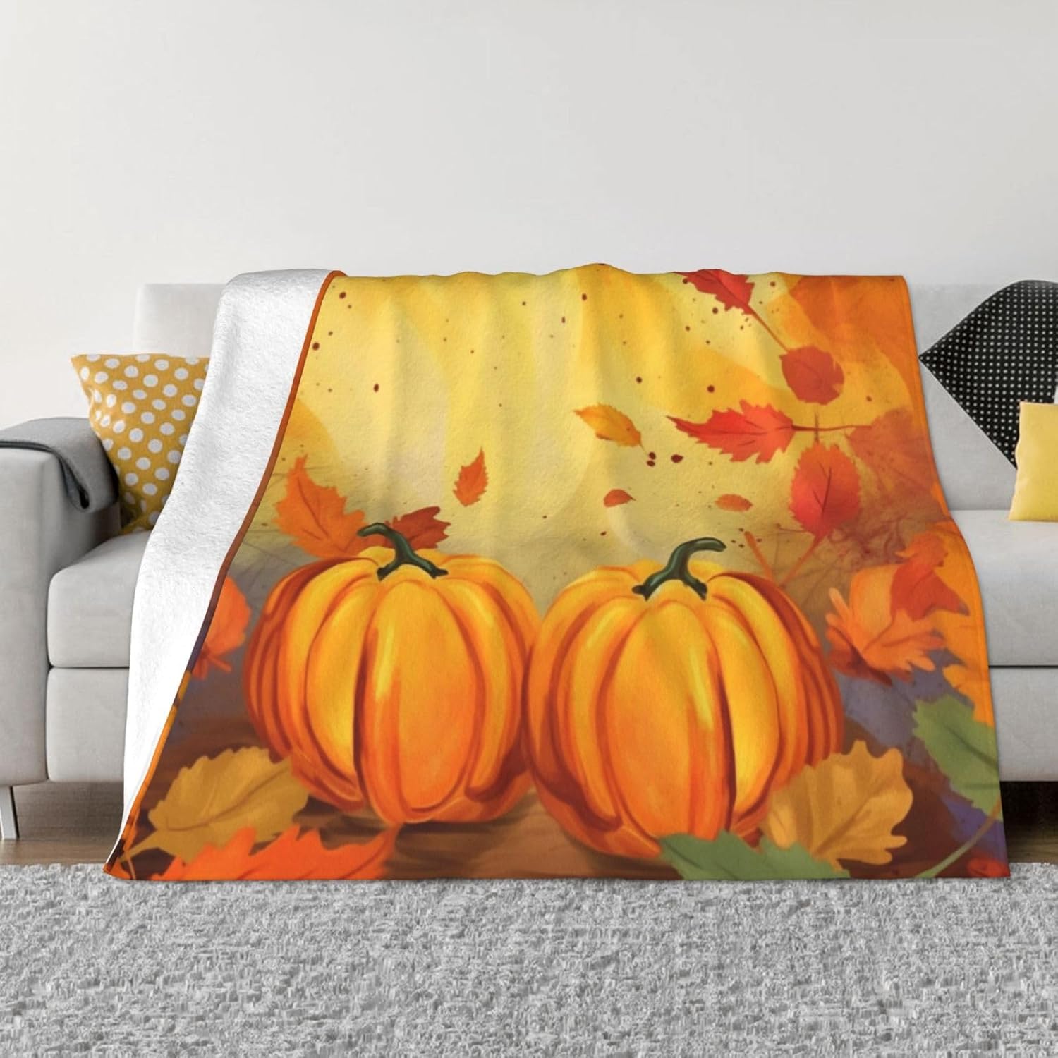 Printed Flannel Blanket Decorative, Maple Pumpkins Fall Soft Throw Blankets for Bed Couch Home Decor All Season Gifts 80"x60"
