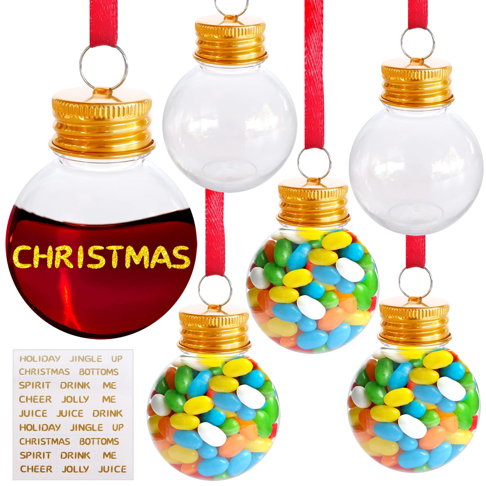 6pcs Christmas Booze Balls 100ml Xmas Fillable Booze Tree Ornaments Clear Plastic Booze Bottle Christmas Tree Shaped Ball Decorative Hanging Ornaments with Gold Phrase Stickers for Christmas Party
