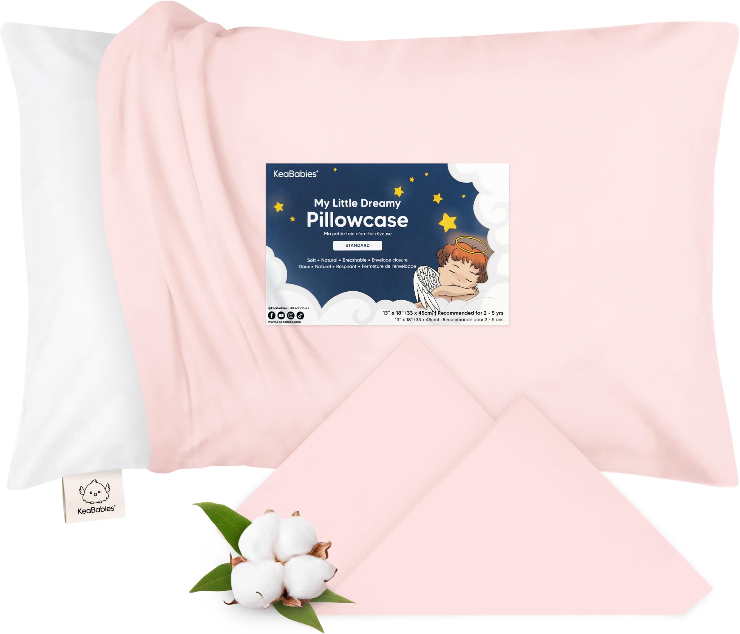 KeaBabies Toddler Pillowcase 13"x18" - Organic Cotton Toddler Pillowcase for Kids, Boys, Girls, Soft & Durable Cotton Cover for Miniature Sleepy Pillows,Cute Colors,Pillow Sold Separately(Mist Pink)