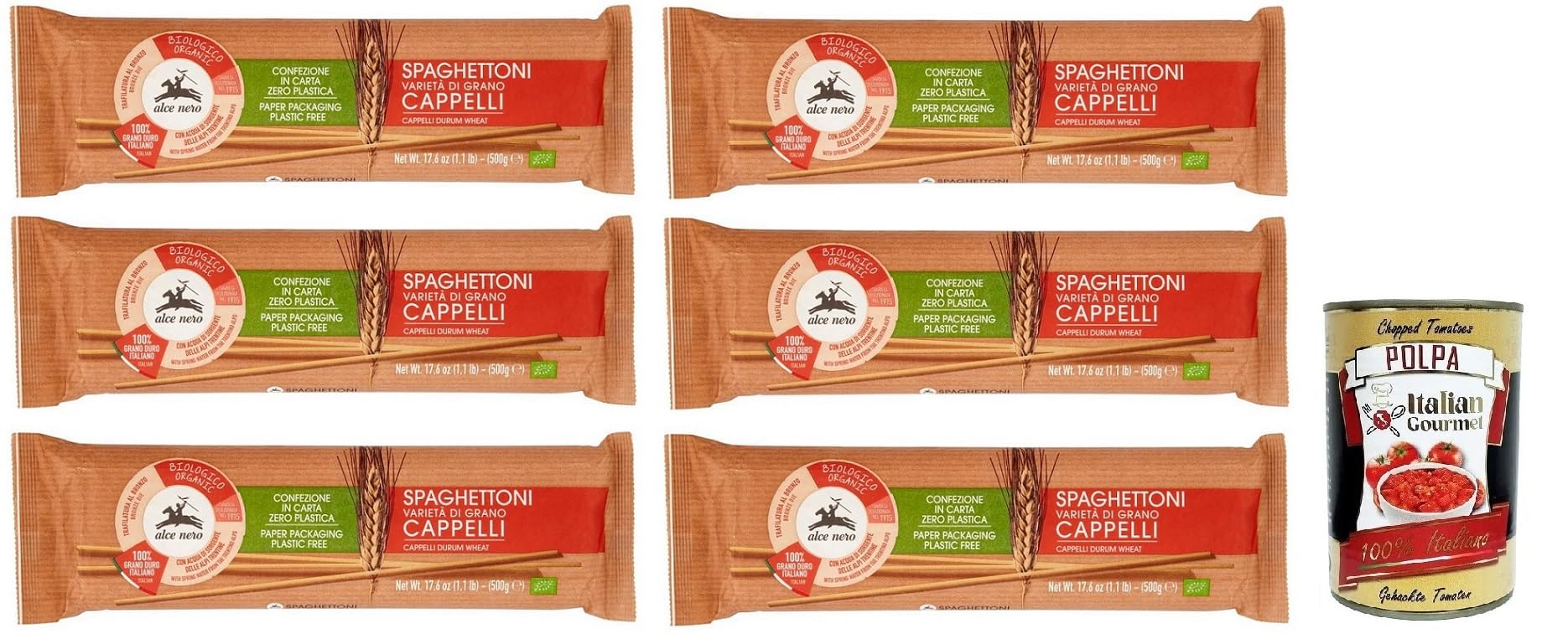 6x Alce Nero Pasta Spaghettoni,Bio-Hartweizen Nudeln,Mit Bio-Cappelli-Hartweizen,Angebaut in Italien,Packung mit 500g + Italian Gourmet Polpa di Pomodoro 400g Dose