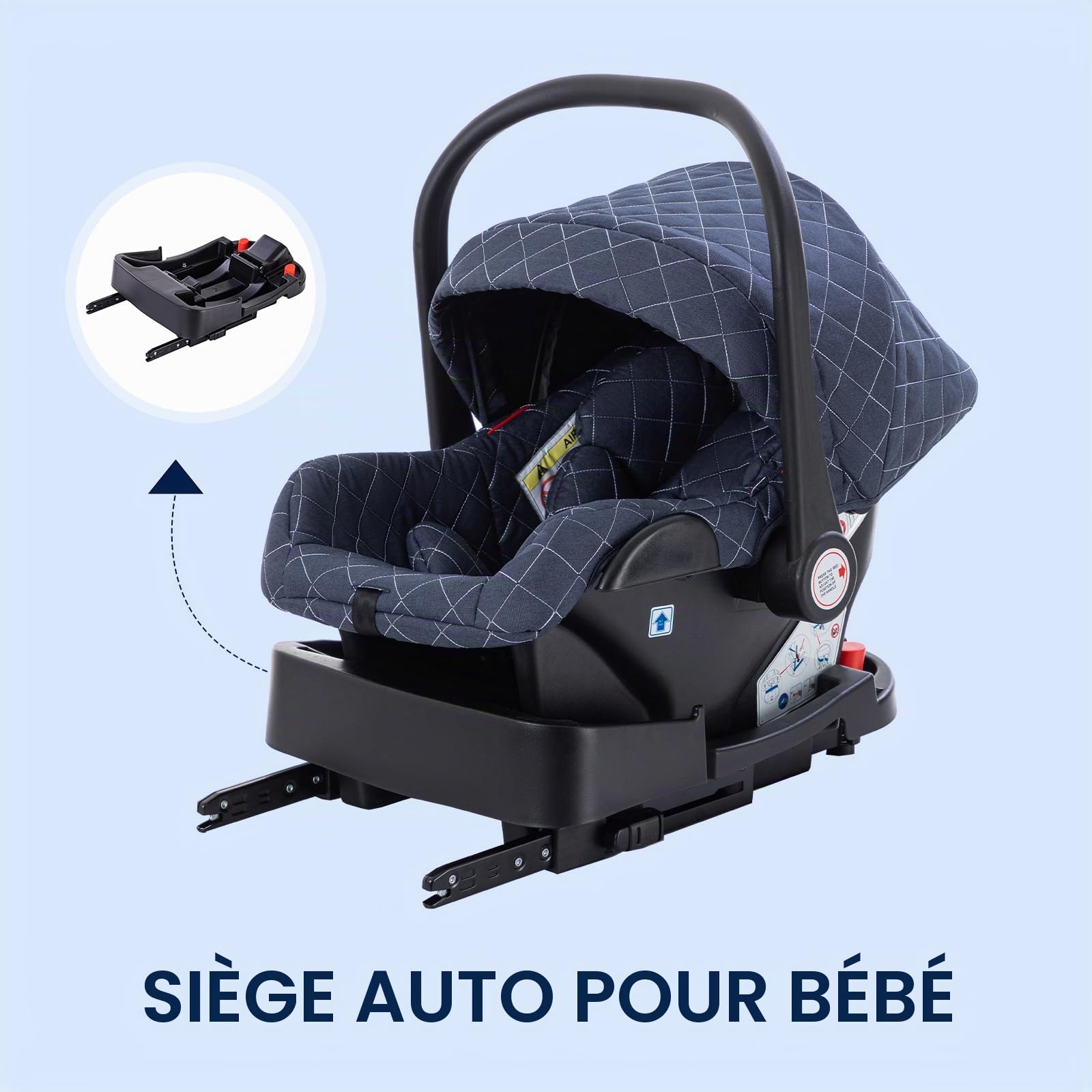 Gcarebb Système de voyage 3 en 1 avec base Isofix, poussette avec poignée réglable en hauteur, landau de voyage avec housse de pluie, poussette pour bébé avec cadre en aluminium pour nouveau-né