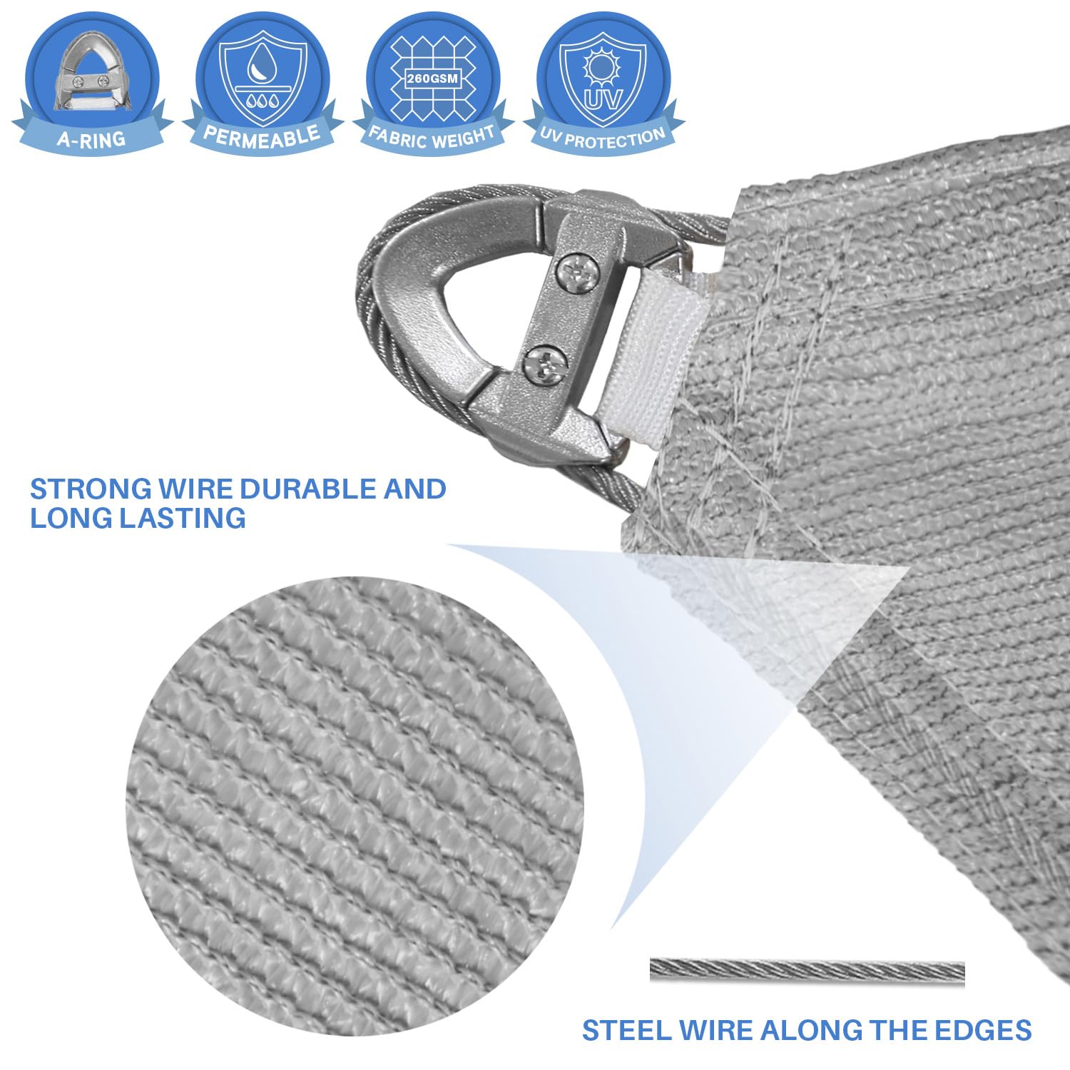 E&K 9' x 9' x 11' Sun Shade Sail Right Triangle Canopy Shade Cover with A Ring Steel Cable Wire UV Block for Pergola Patio Backyard Garden Deck Outdoor (Light Gray)