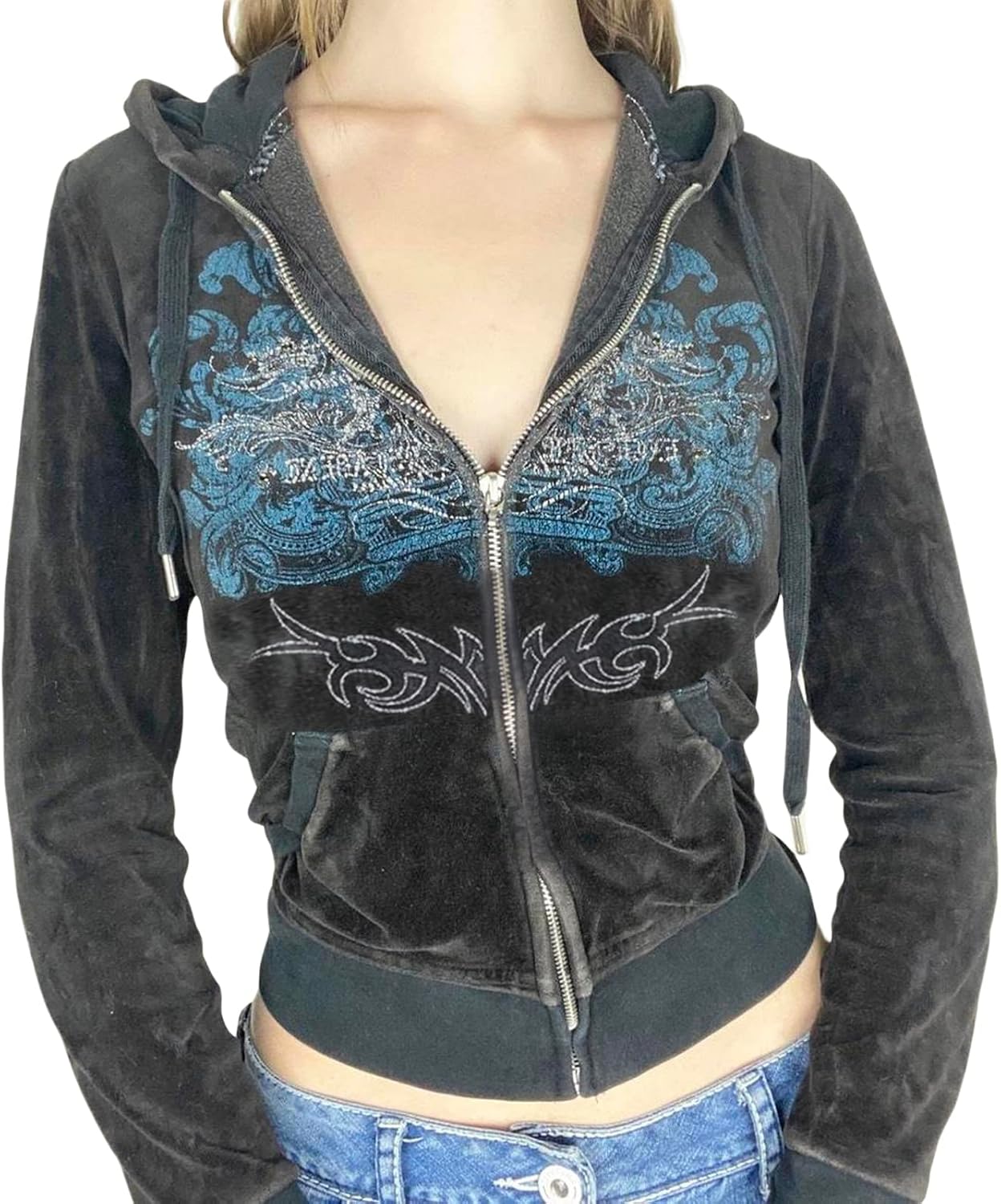 FeMereina Women Y2K Zip Up Crop Hoodies Long Sleeve Velvet Kawaii Cropped Sweatshirts Rhinestone Heart Printed Heart Hooded Jacket Autumn Streetwear