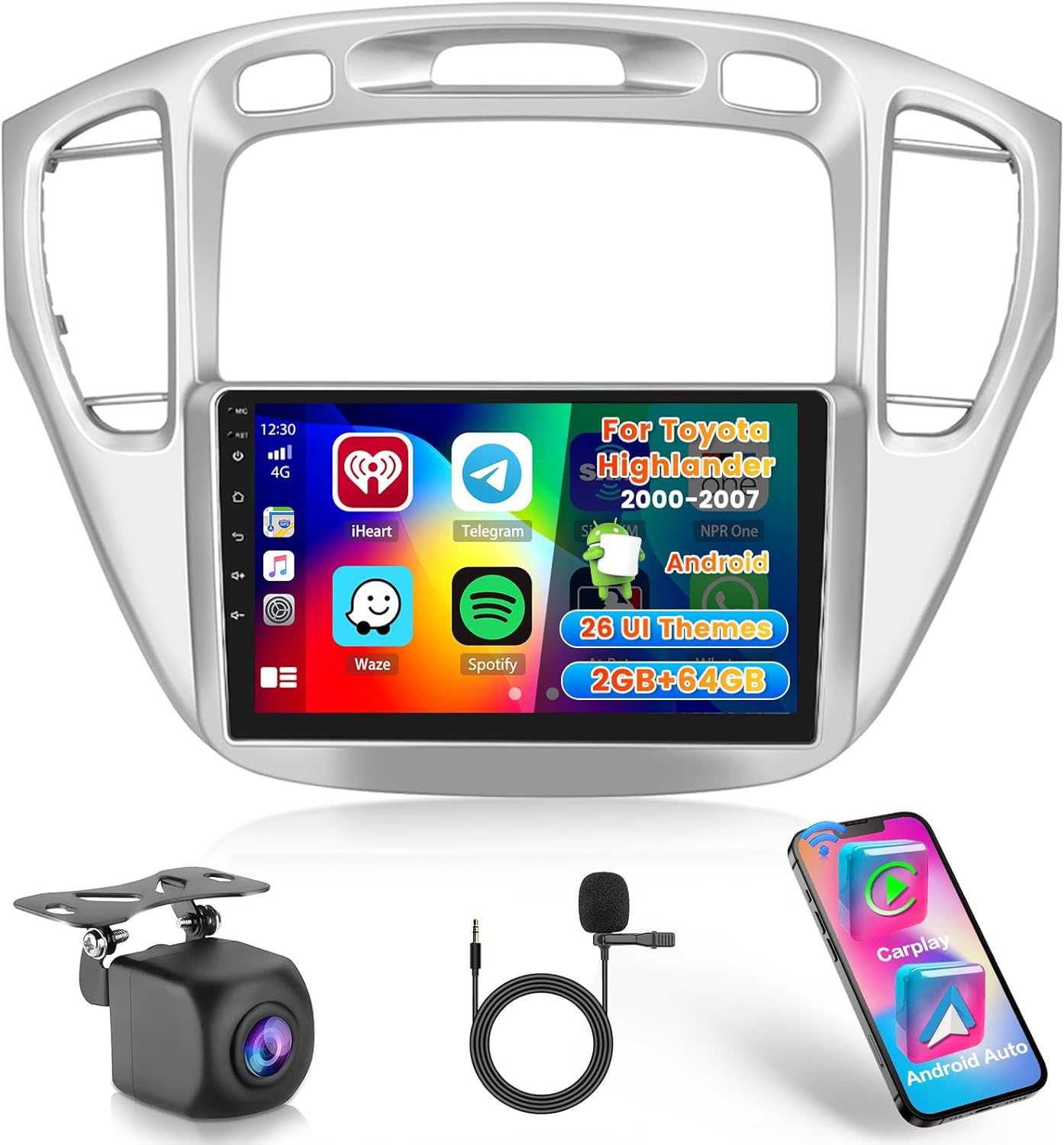 Android 15 Car Radio for Toyota Highlander 2000-2007, 9 inch Capacitive HD Touch Screen for Highlander Head Unit with Carplay Android Auto 5G WiFi GPS Bluetooth 5.0 1280 * 720 4+64G