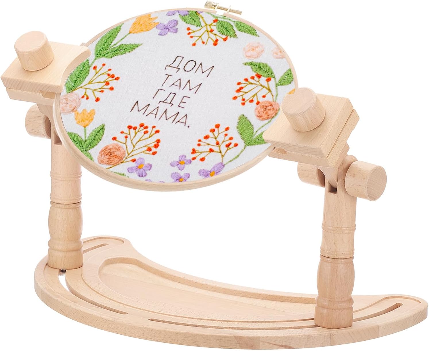 PATIKIL Adjustable Embroidery Hoop Stand, Moon Shaped Beech Wood Cross Stitch Hoop Holder 360° Rotating Hands-Free Embroidery Frame Stand for Sewing Art Craft