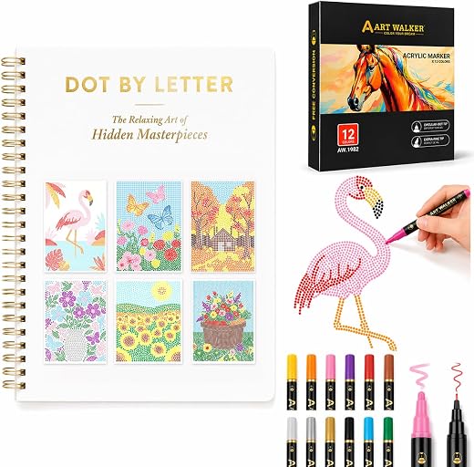 Dot by Letter Adult Coloring Book with 12 Markers, Dot Art for Adults Meditations, 40 Patterns, 11.2x8.3 in