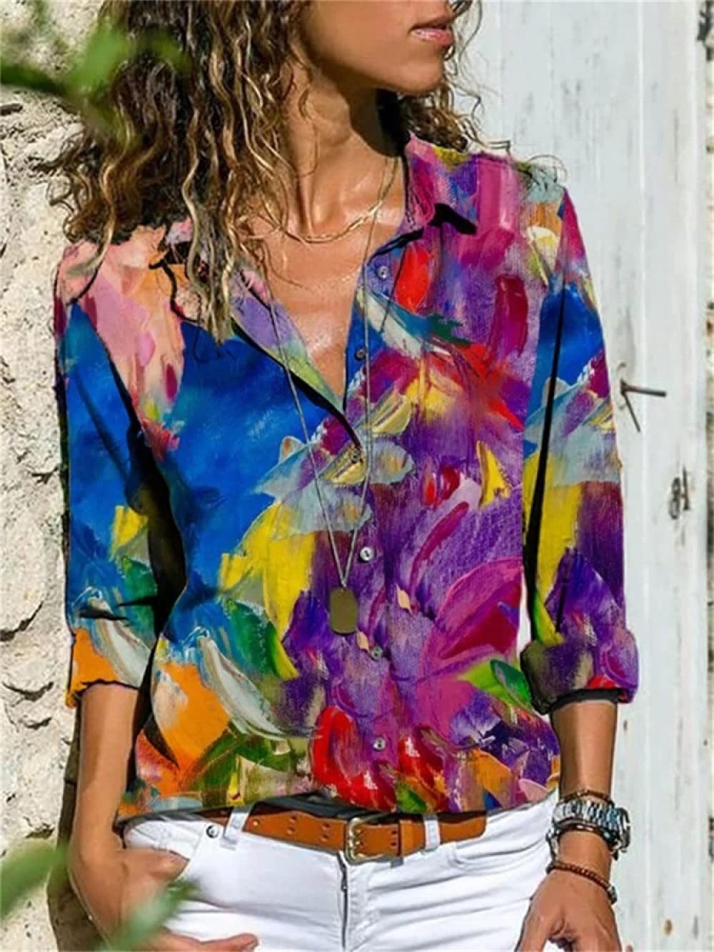 MIDJ Blusen Damen,Blusen Bunt Gemusterte Hemden Lässige Revershemden Pullover Langarmhemden Schicke Oberteile Mit Knöpfen Lockere Langarm-Sweatshirts für Mädchen