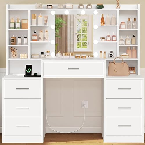 FIONESO 47.2” Large Vanity Desk with LED Lighted Mirror & Power Outlet, Makeup Vanity Desk with 7 Drawers and Lots Open Shelves, White Vanity for Girls, for Bedroom