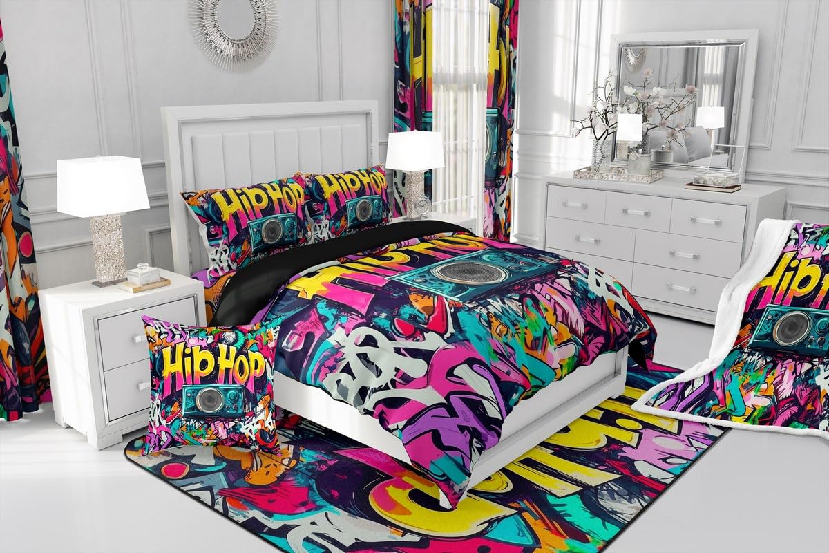 Set di biancheria da letto con copripiumino super king, motivo graffiti, per ragazzi e ragazze adolescenti, set di biancheria da letto a tema musica rock hippie, set di copripiumini hip hop colorato