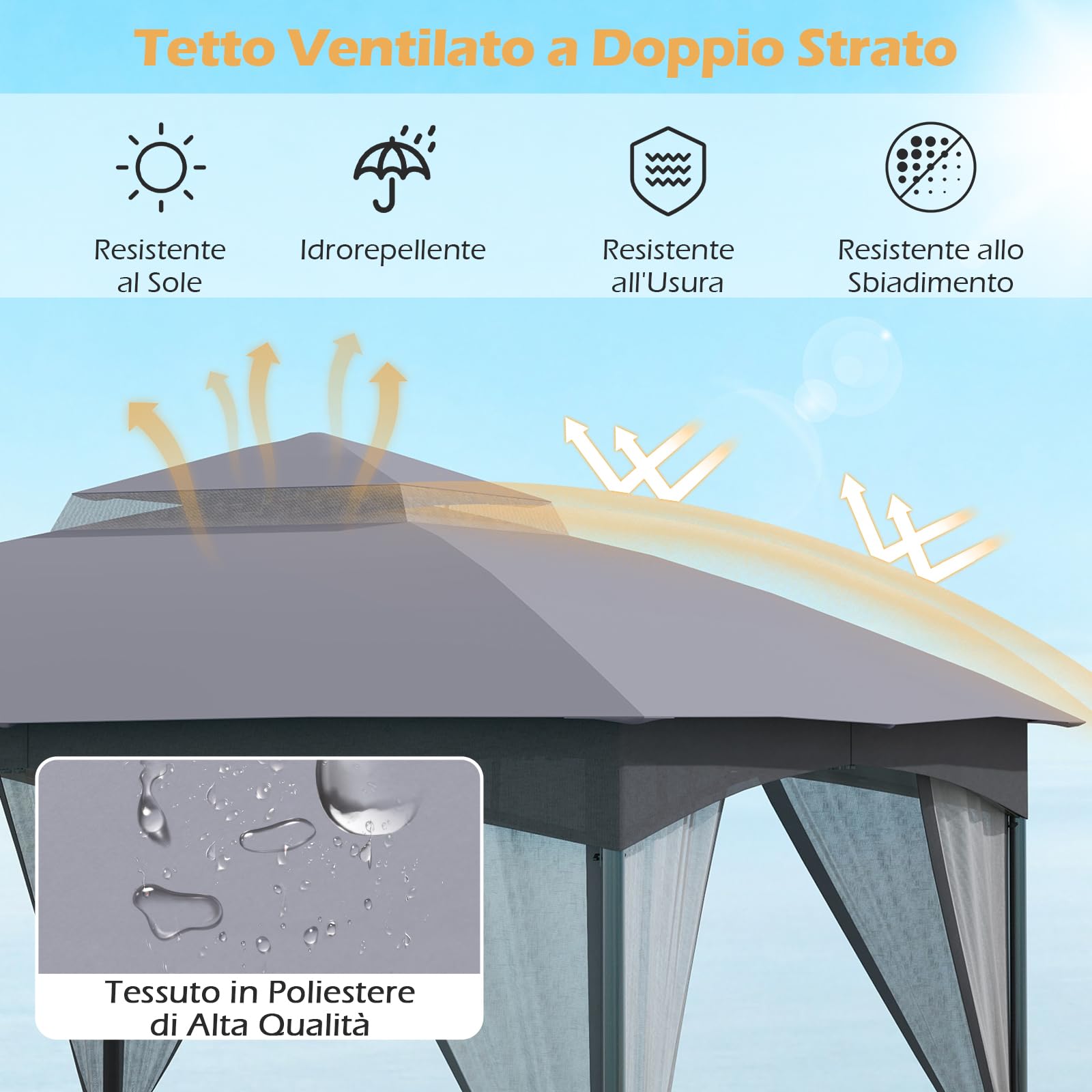 COSTWAY Gazebo da Giardino 3 x 3 m, Gazebo Impermeabile con Rete Mesh Staccabile e Terro Ventilato a Doppio Strato, Tenda Regolabile in Altezza per Feste, BBQ e Picnic (Grigio)