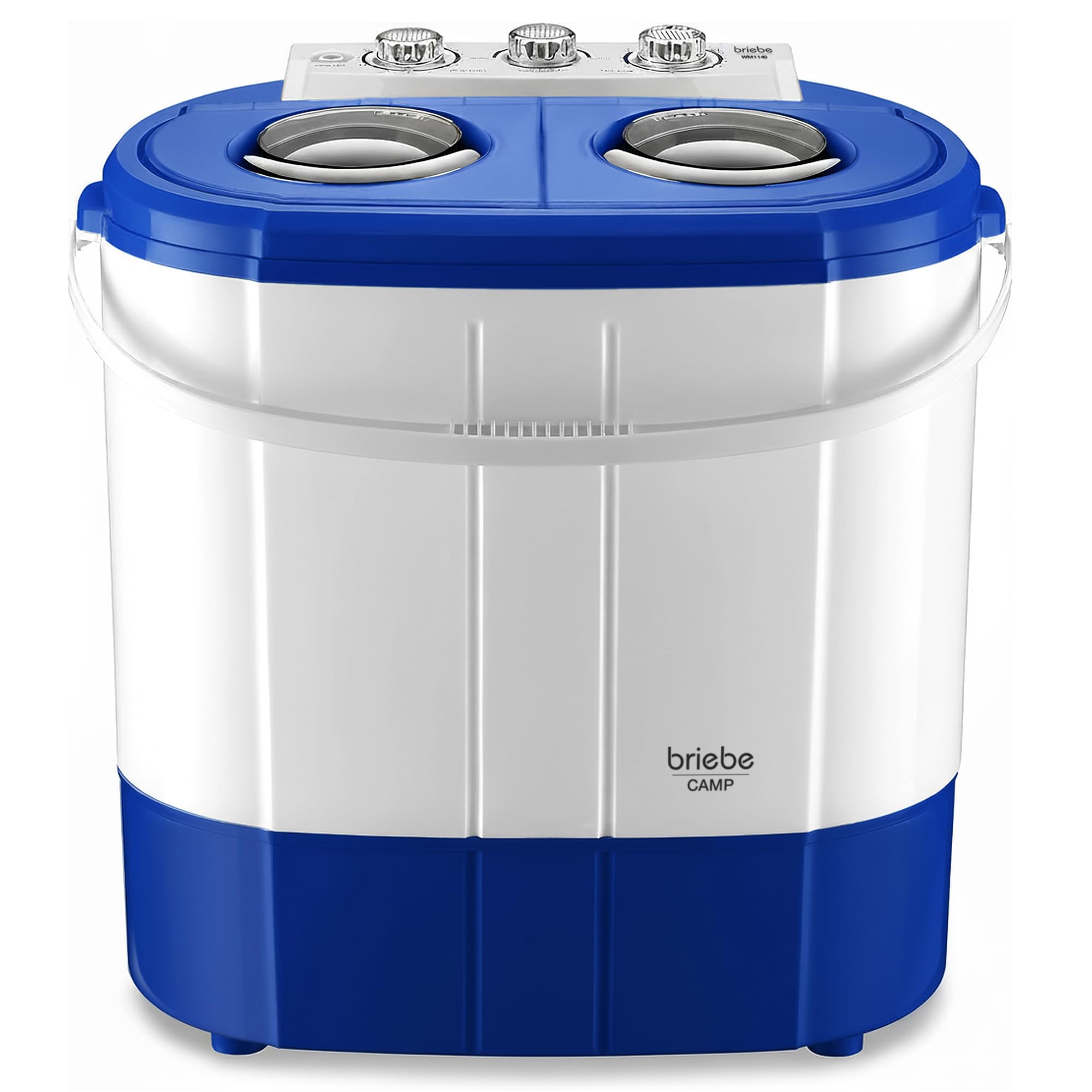 briebe Camp Mini Lavadora Portátil con Centrifugado, Camping, Capacidad Ropa 3Kg, Ideal Viajes, Caravanas Camper, Autocaravanas, 2 Compartimentos, Carga Superior, sin Instalación